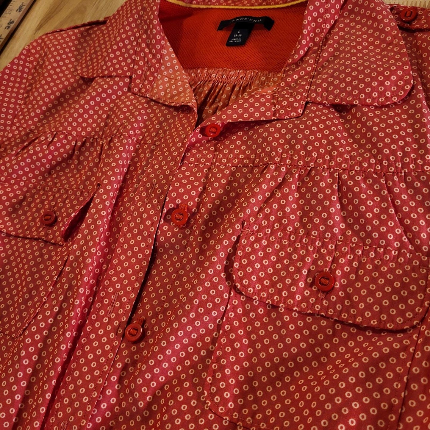 Lands End Large 14/16  Cotton-Poly Blend Red Dotted Button Up Collared shirt