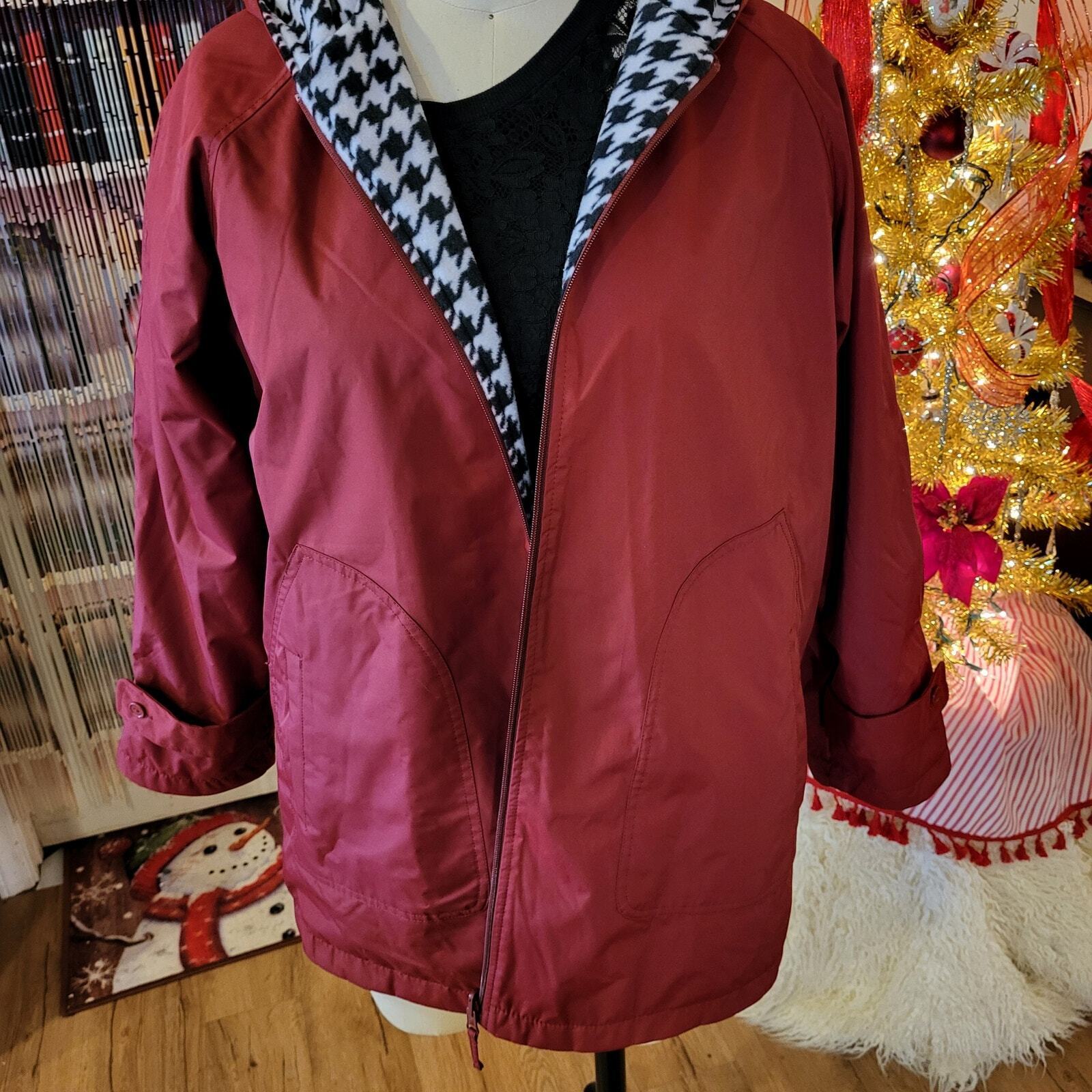 Giorgio Morandi Maroon Burgundy Fleece Reversable Houndstooth Rain Coat L