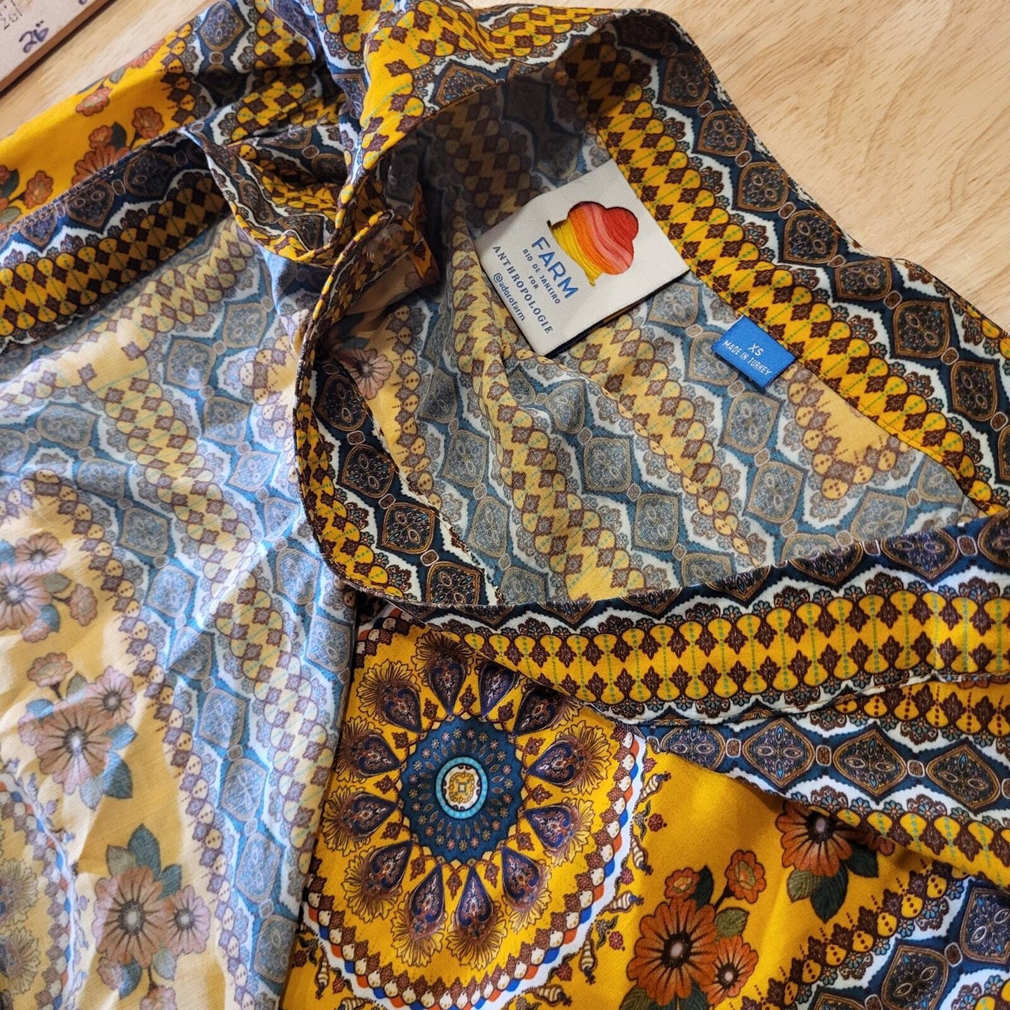 Farm Rio Xs Wrap Skirt Ethnic Print Yellow Knee Length 26" Waist Adjustable
