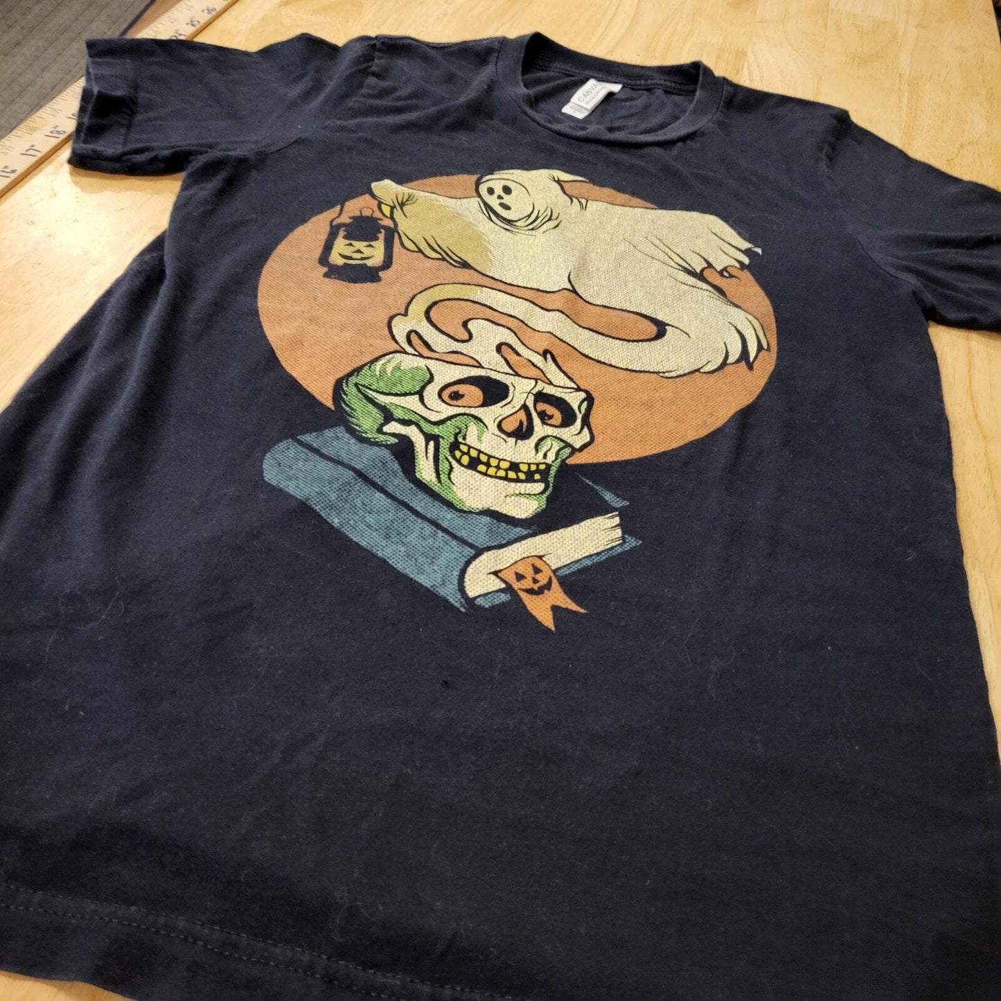 Small Black Bella Canvas Halloween T-Shirt Ghost Skull Orange Short Sleeve