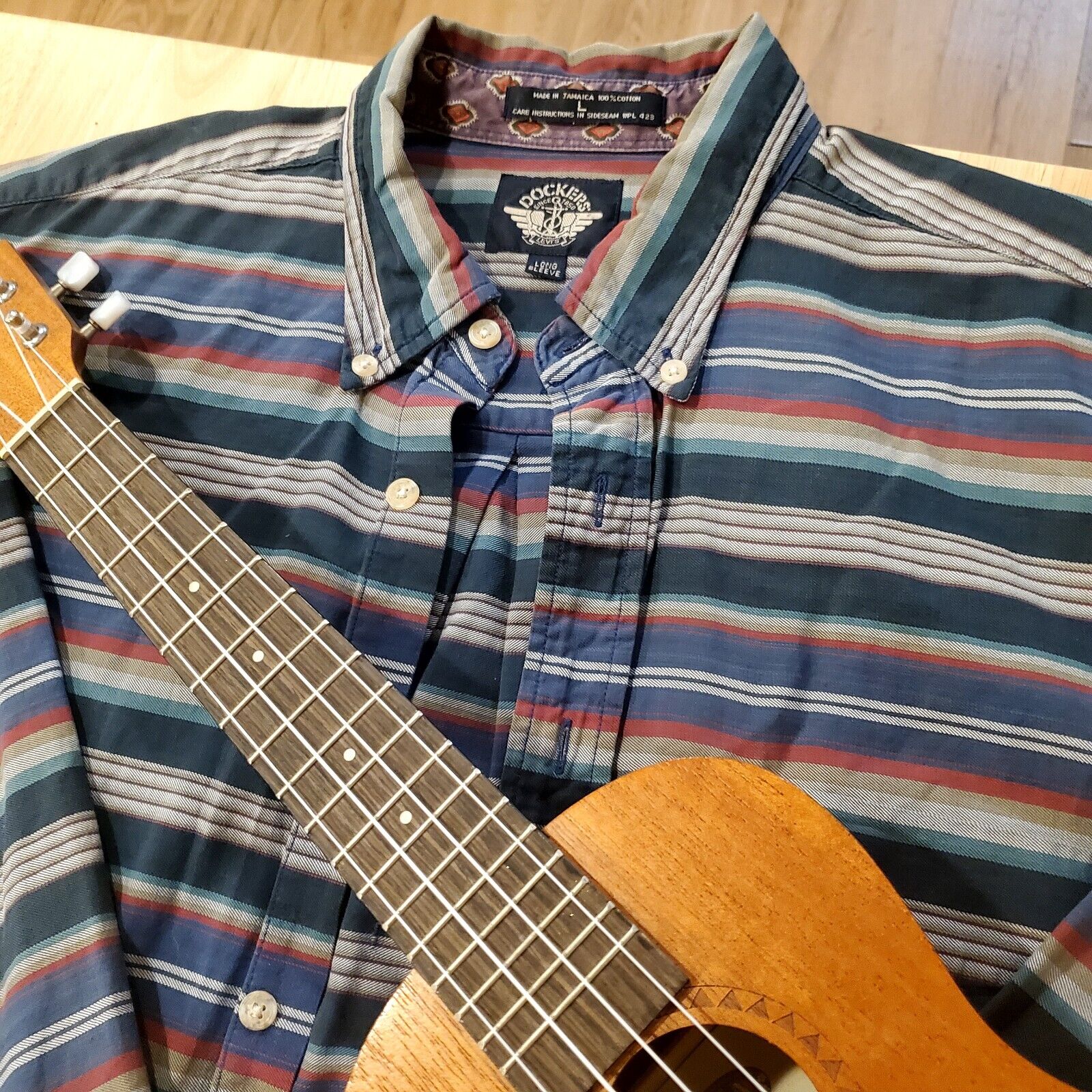 Vintage Dockers Striped Shirt Men's Large Button Down Long Sleeve White Green
