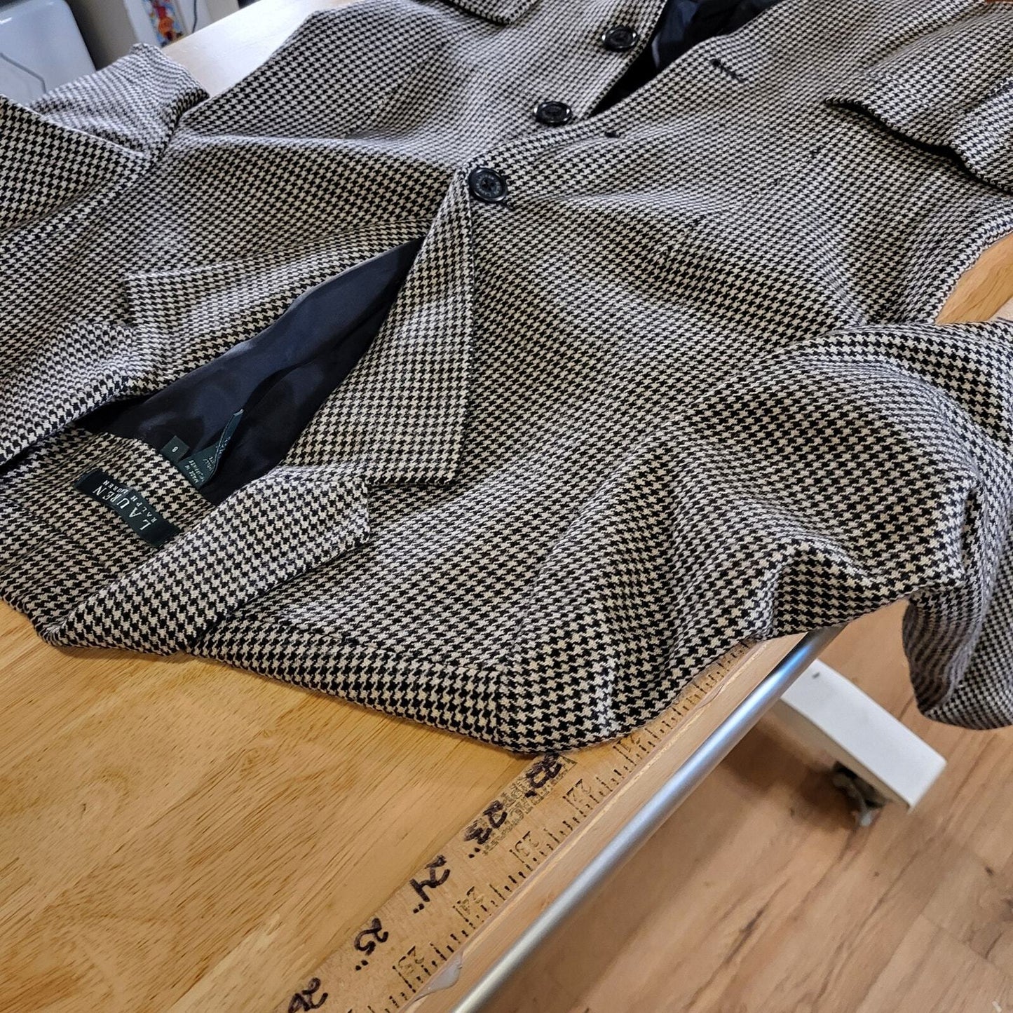 Lauren Ralph Lauren 100% Wool Brown Houndstooth Riding Jacket Pockets 8