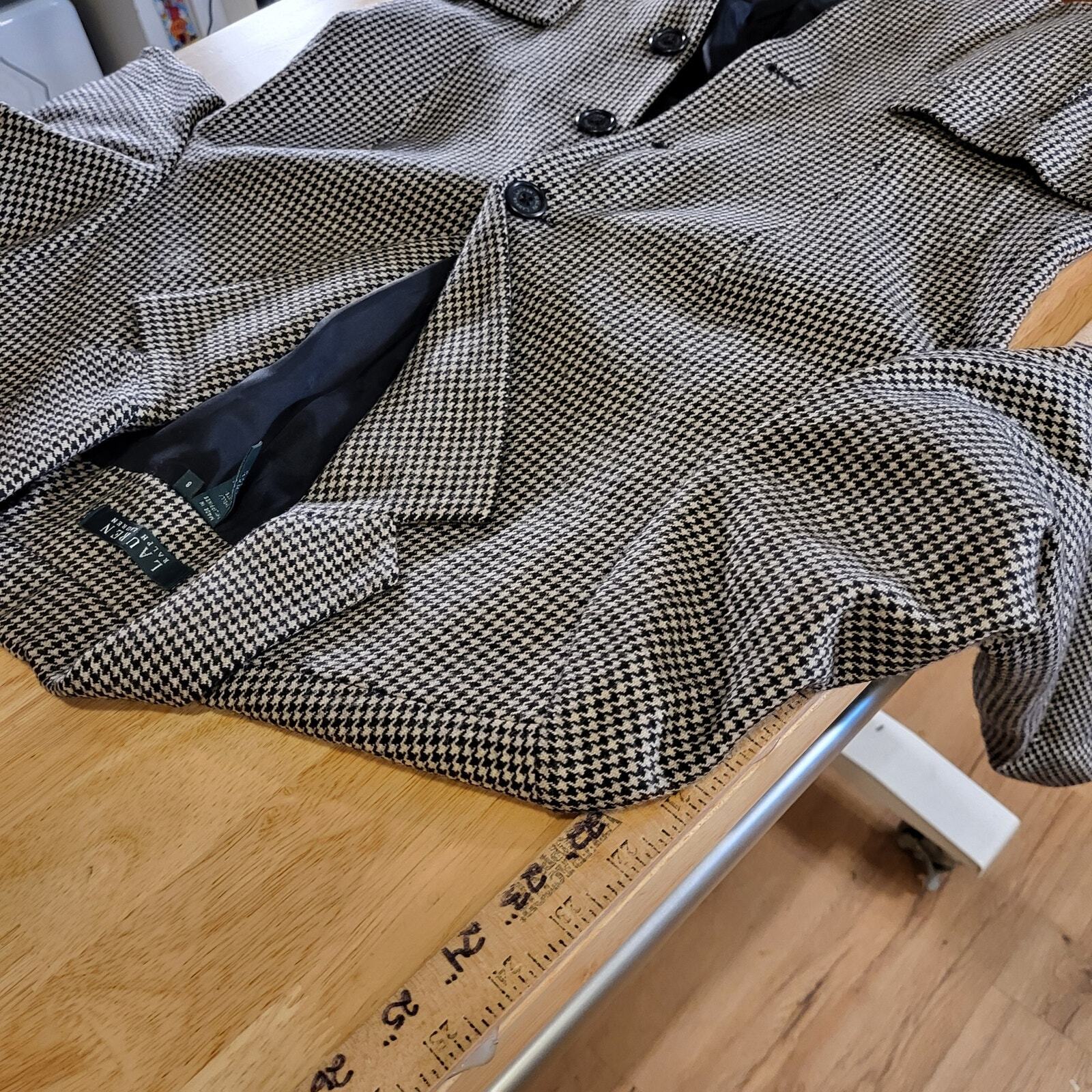 Lauren Ralph Lauren 100% Wool Brown Houndstooth Riding Jacket Pockets 8