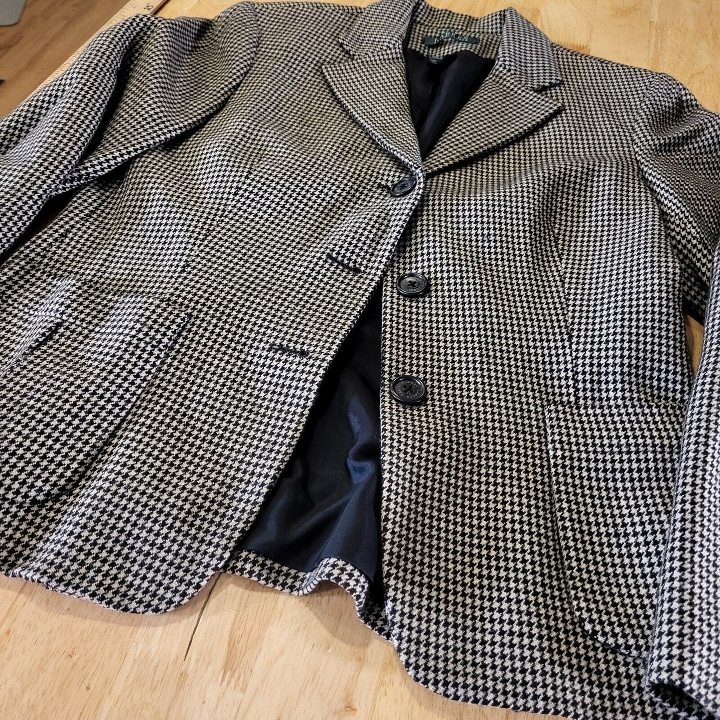 Lauren Ralph Lauren 100% Wool Brown Houndstooth Riding Jacket Pockets 8