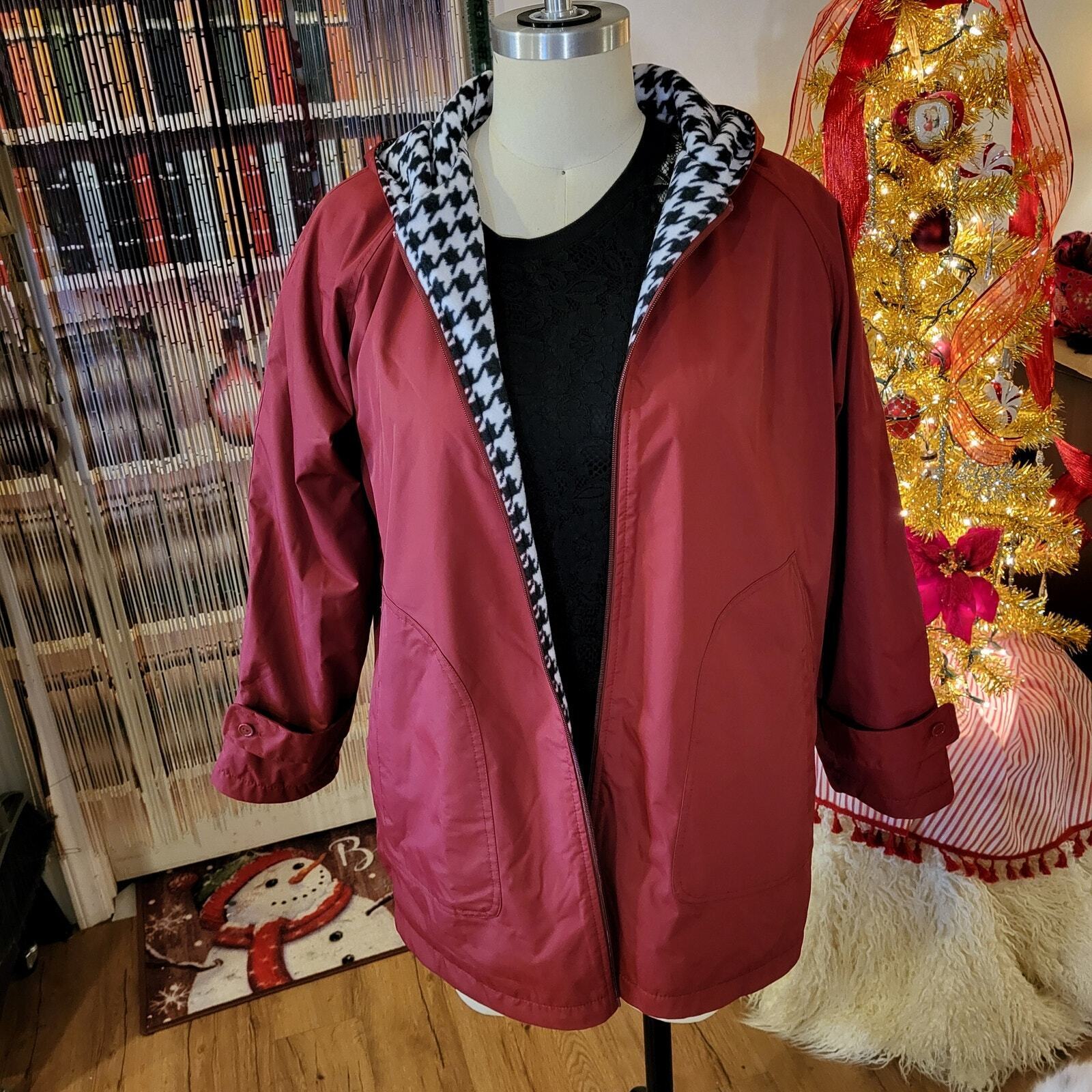 Giorgio Morandi Maroon Burgundy Fleece Reversable Houndstooth Rain Coat L