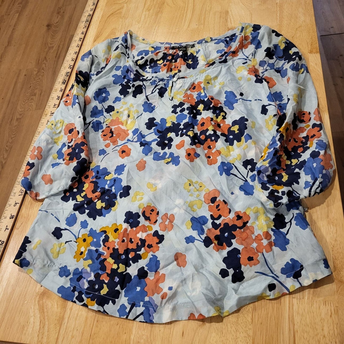 Lucky Brand 100% Silk XS Blue Floral Long Sleeve Boat Neck Blouse 