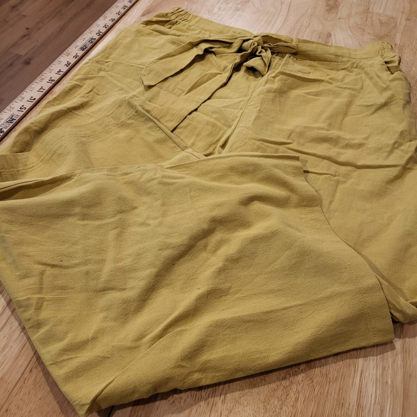 Mustard Yellow Elastic Waist Tie Wide Leg Pants xl 32" Waist Stretch to 46"