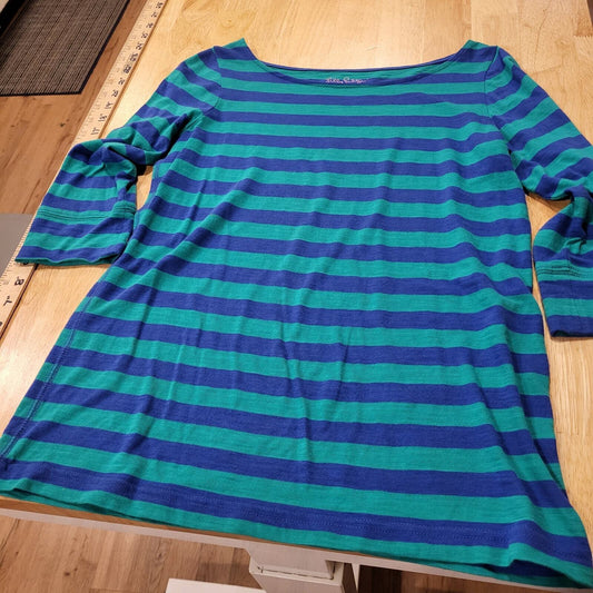 Lilly Pulitzer 3/4 Sleeve Green & Blue Striped Boat Neck T-shirt X-Small 16" p2p