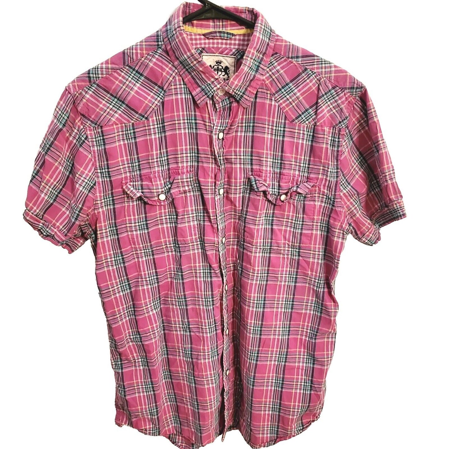 Pink vintage Y2K Plaid Express Short sleeve pearl Button Front Pocket Medium