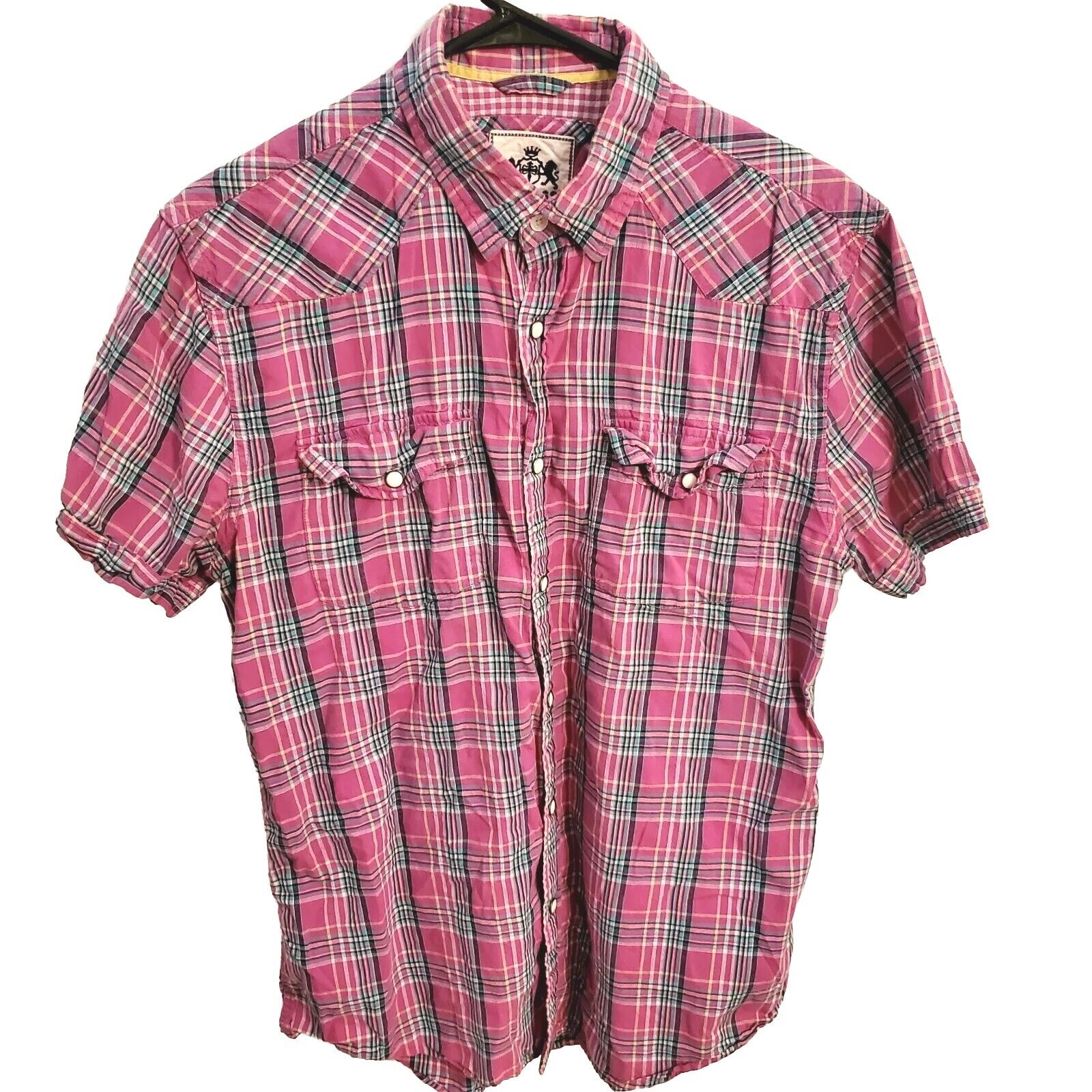 Pink vintage Y2K Plaid Express Short sleeve pearl Button Front Pocket Medium