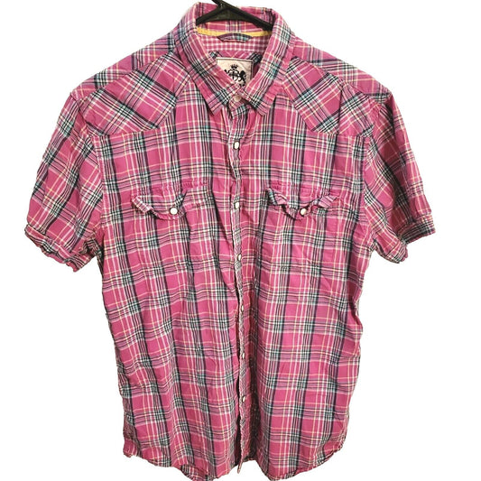 Pink vintage Y2K Plaid Express Short sleeve pearl Button Front Pocket Medium
