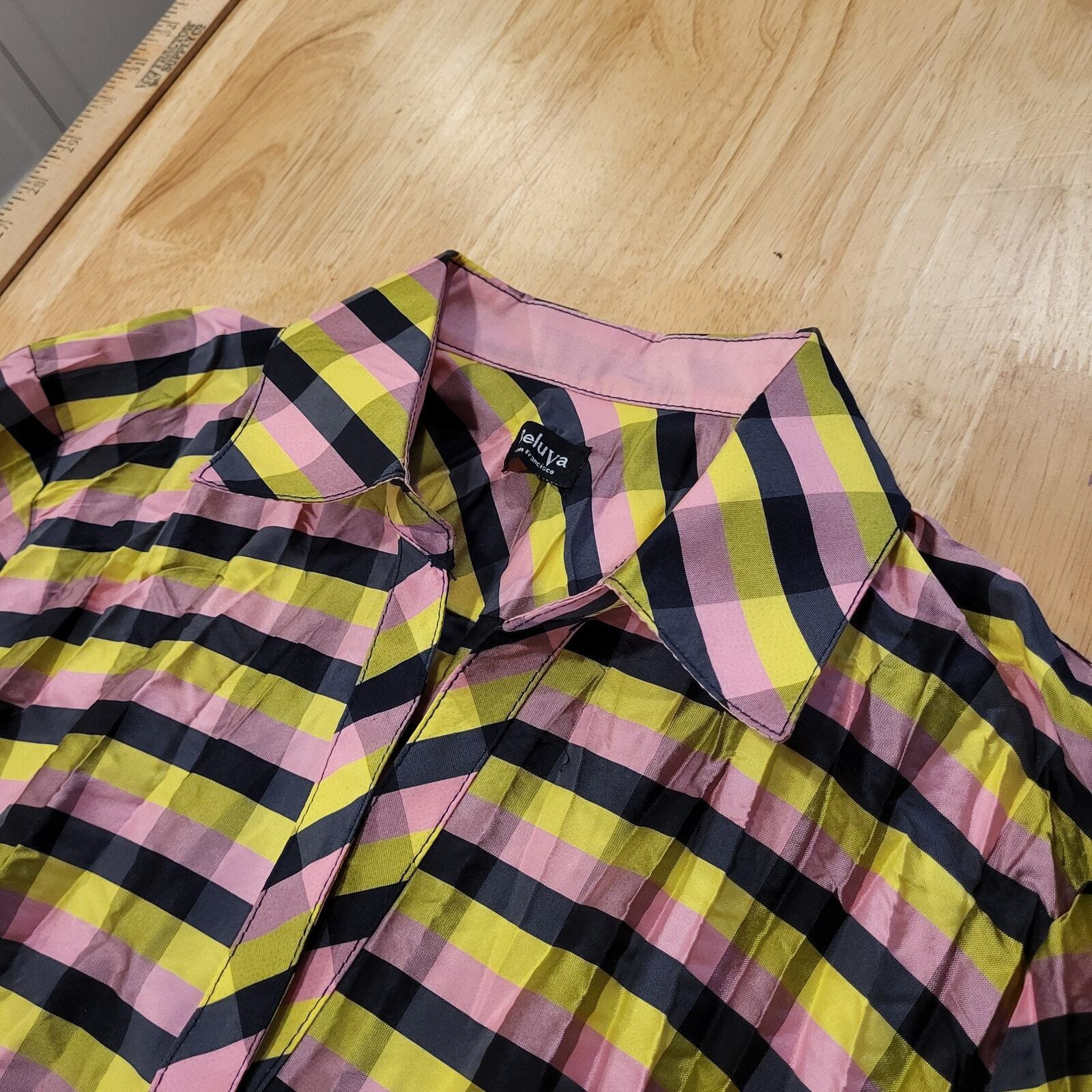 Beluva Pink & Green Plaid Crepe Button Down Collared Top Cuff Colorful 18" P2P