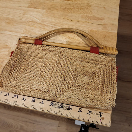 Vintage Ratan Woven Grass Bag Wooden Handles (See photos for Condition)
