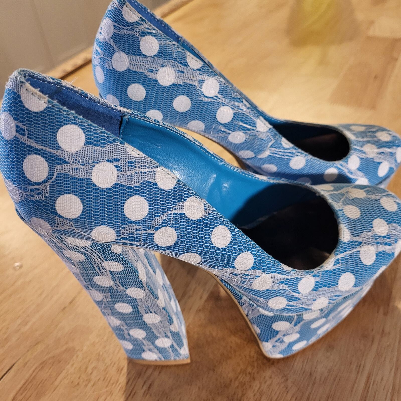 FRH Fahrenheit Blue with white  Polka Dot Lace super high platform size 6