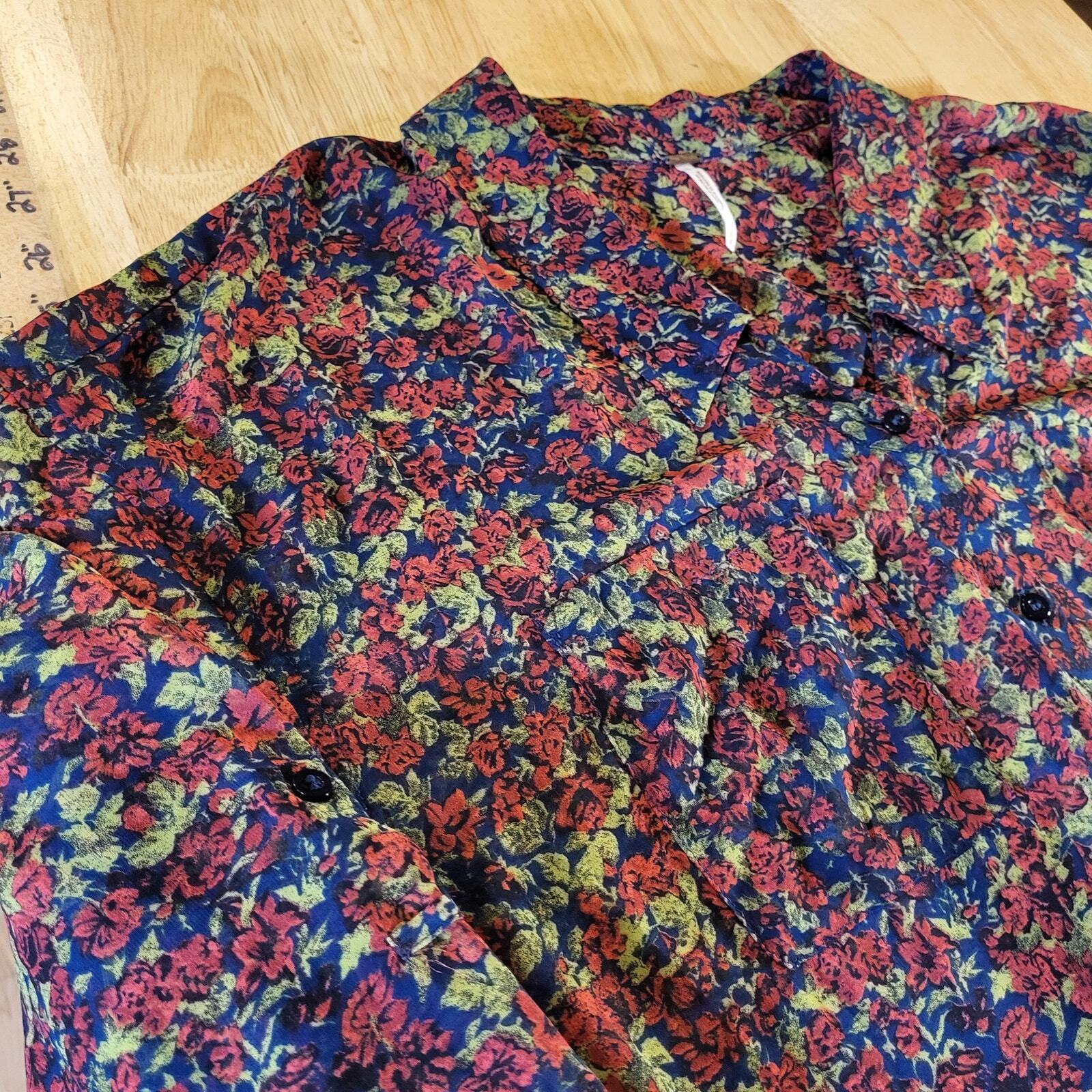 Free People Burgundy Floral Button Down Collared Shirt Small