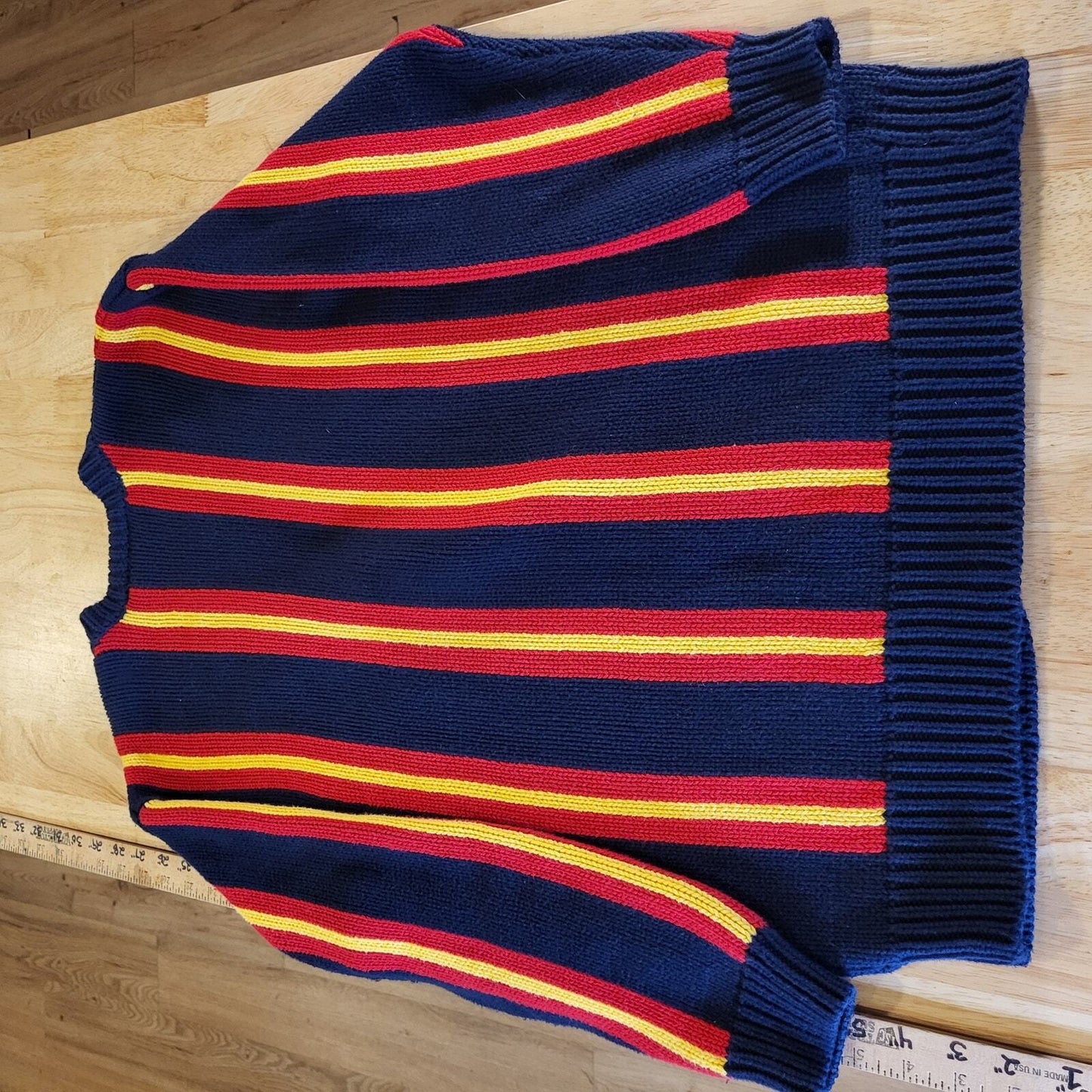 Vintage 90's Liz Claiborne Blue Cardigan Sweater Yellow & Red Stripe Preppy P
