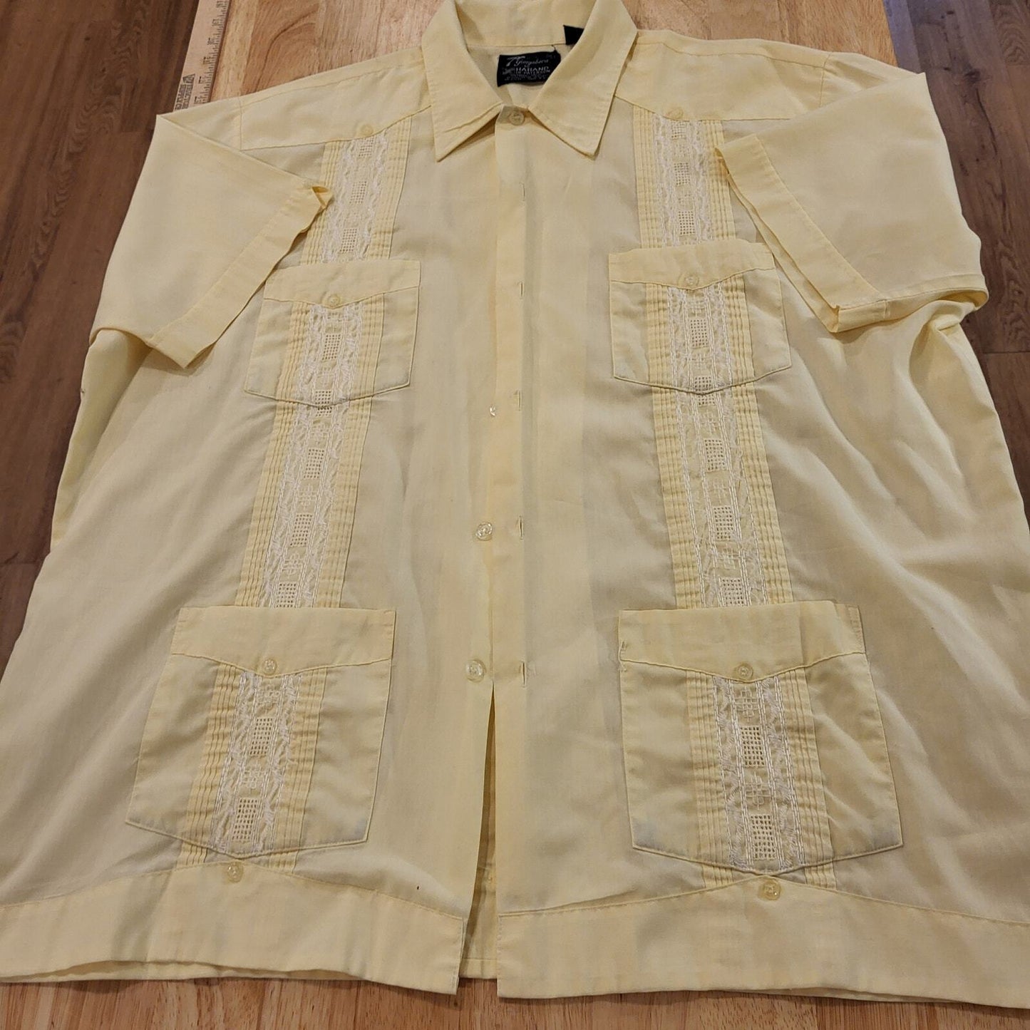 Yellow Guayabera Cuban Cotton Blend Button Down Collared Shirt 27" Pit2pit