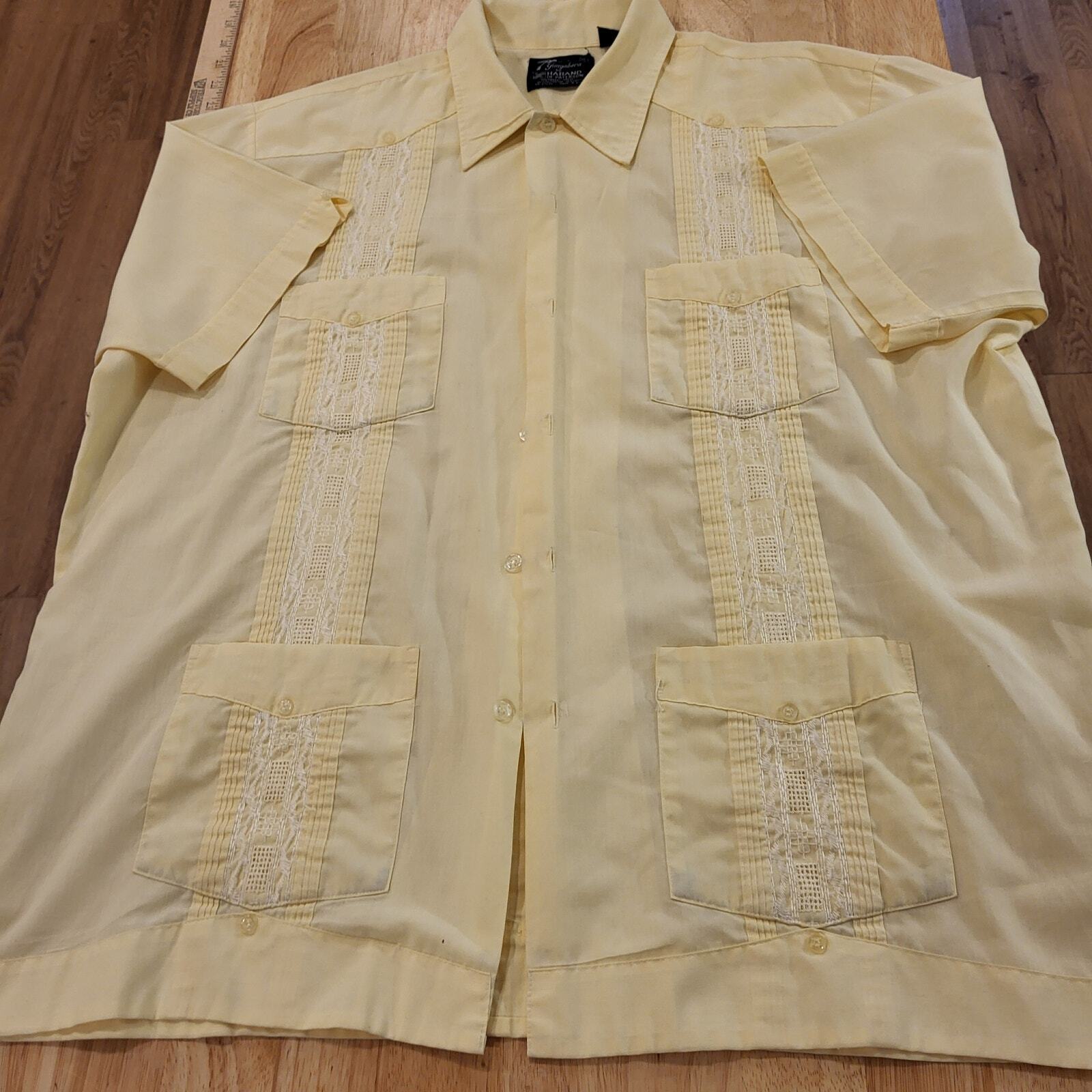 Yellow Guayabera Cuban Cotton Blend Button Down Collared Shirt 27" Pit2pit