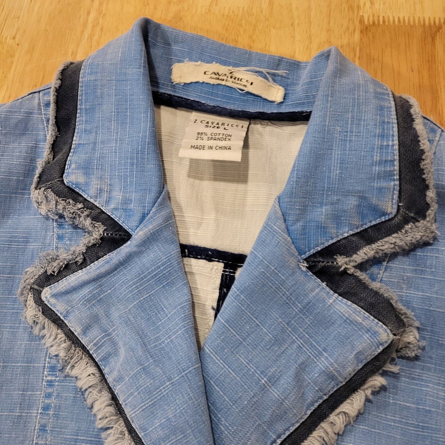 Z. Cavaricci Large Cotton Blend Raw Edge Stretch Denim Two Button Blazer