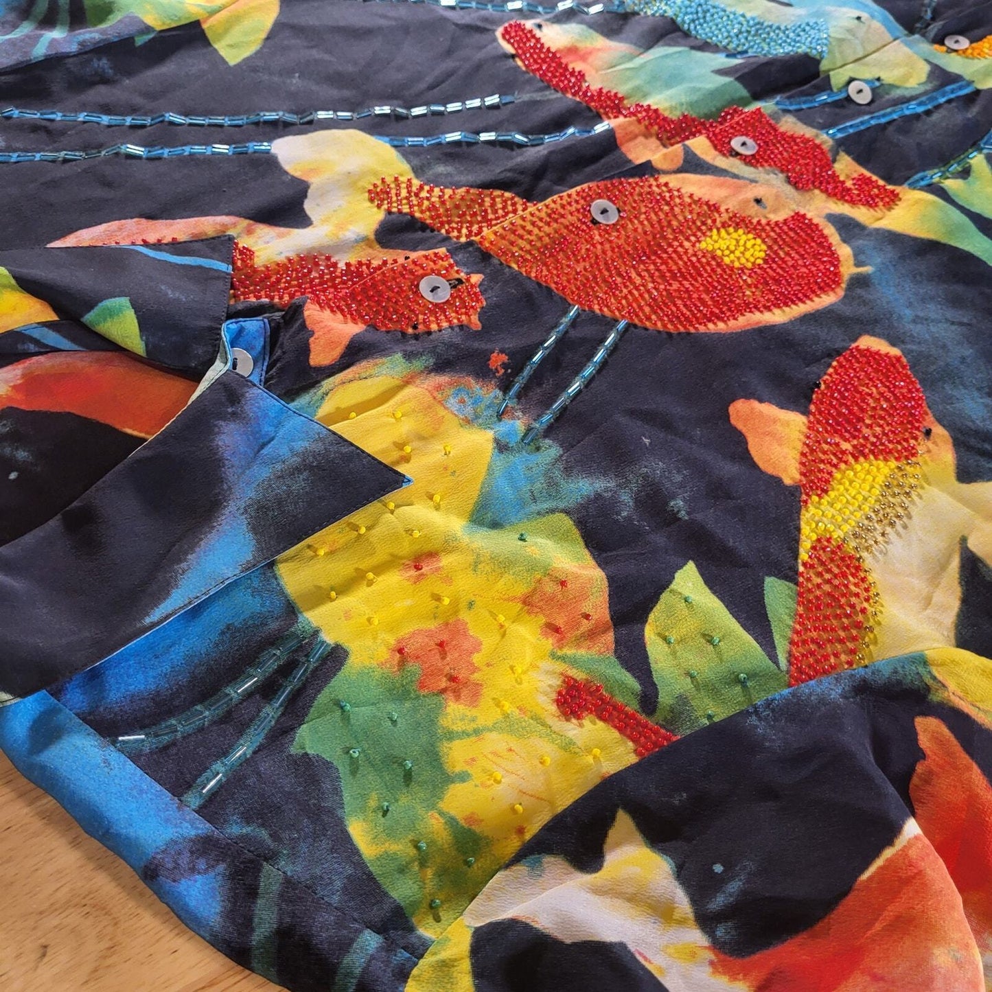 Nicole Taylor 100% Silk Batik Dyed Beaded Koi Fish Blouse  Collared. Button Down