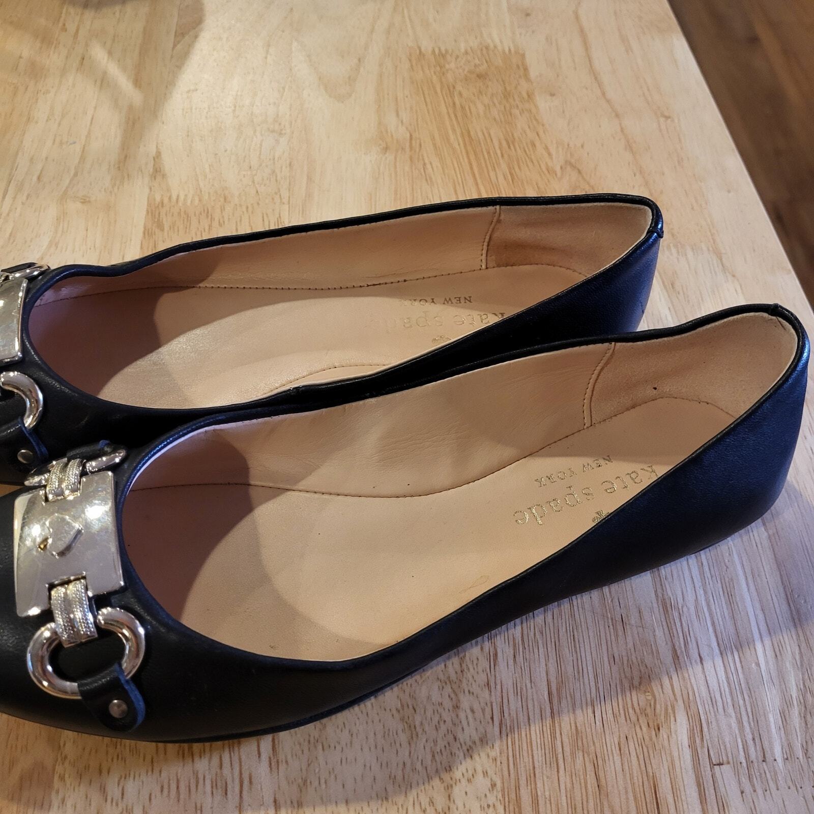 Kate Spade Black Leather Payton  Ballet Flats Silver Hardware Sz. 7 Rubber Sole