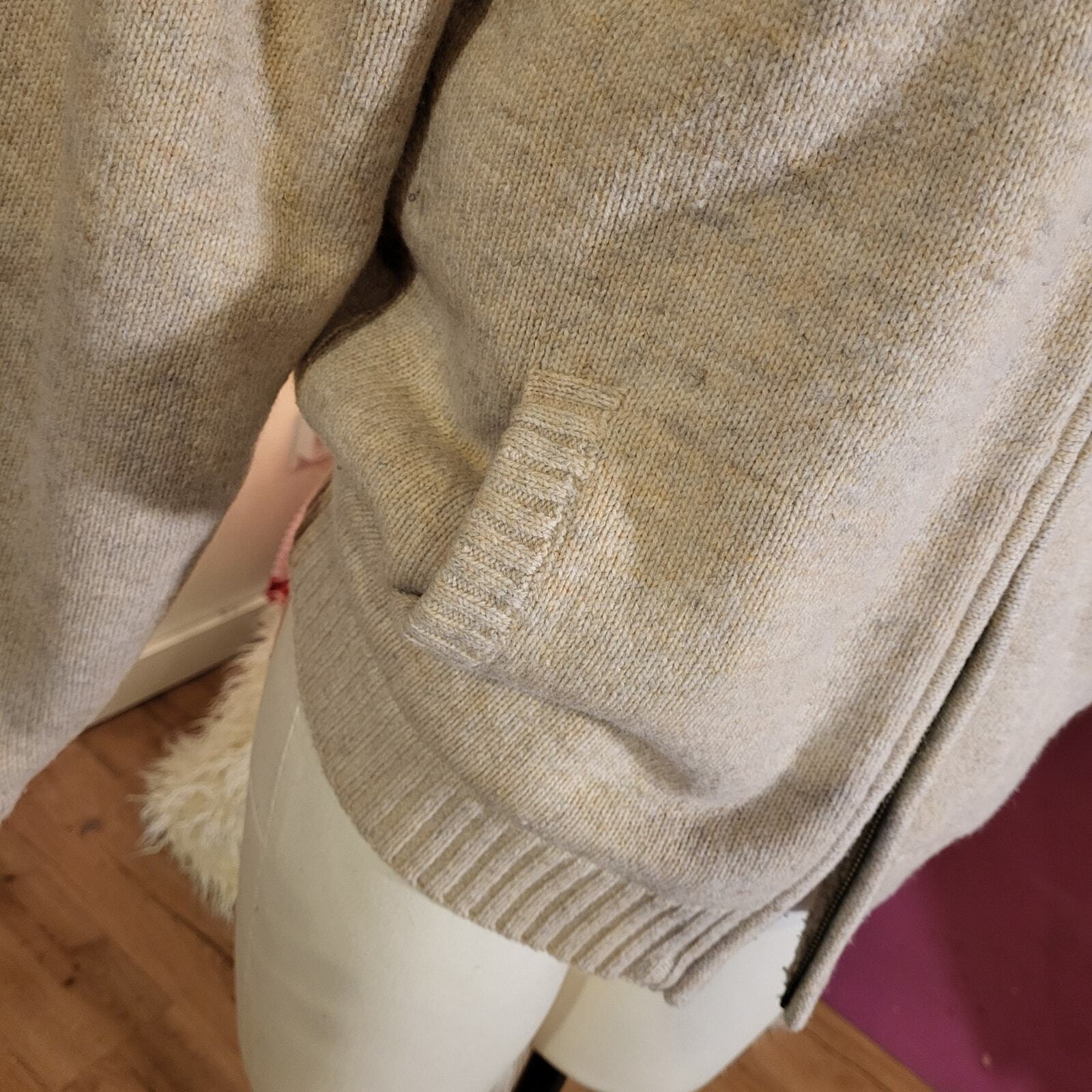 L. L. Bean Beige Wool Full Zip Fleece Lined Sweater  Medium See Photo for hole