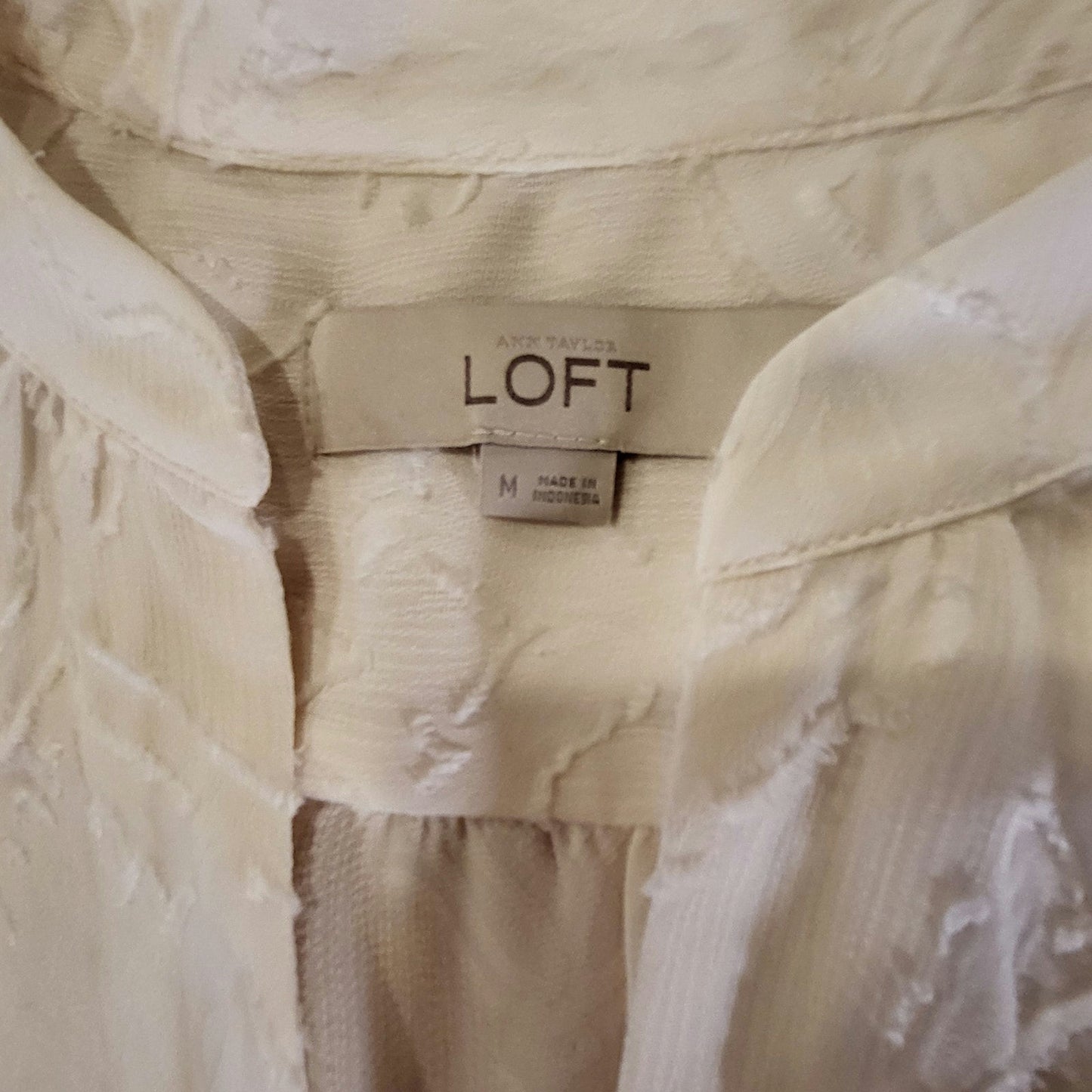 Ann Taylor Loft White Burnout Blouse Cream Medium 3/4 Sleeve Mandarin Collar