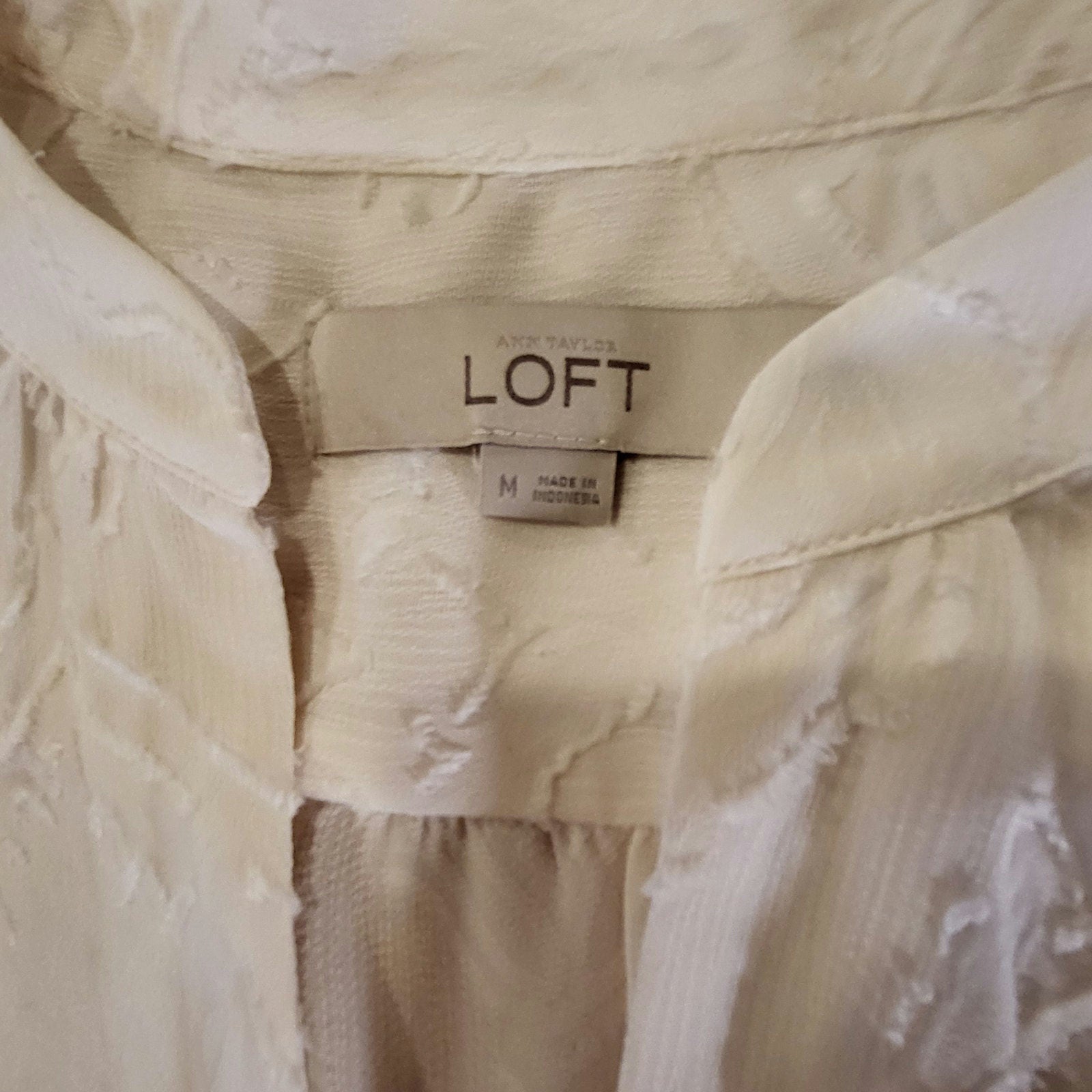 Ann Taylor Loft White Burnout Blouse Cream Medium 3/4 Sleeve Mandarin Collar