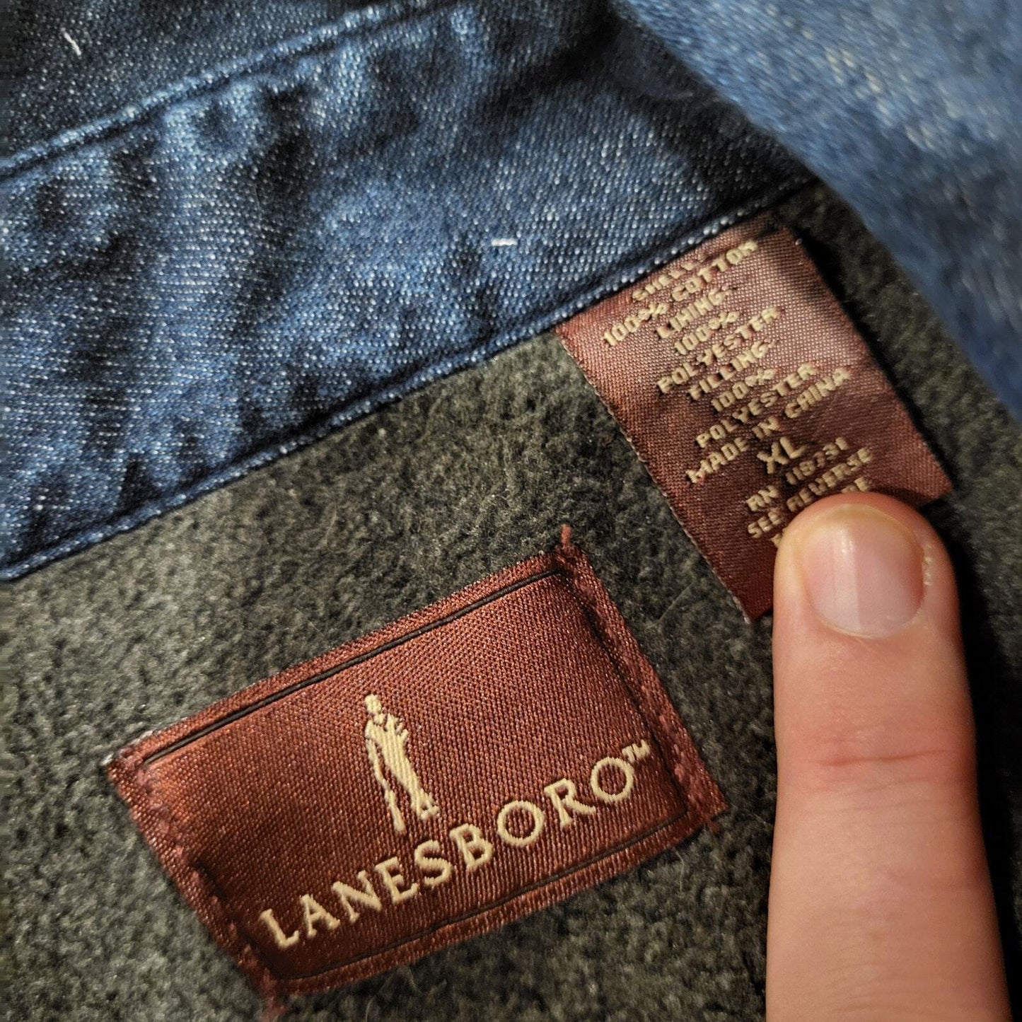 Lanesboro 100% Cotton Blue Denim Brown Fleece Lined Collared Button Up Jacket XL