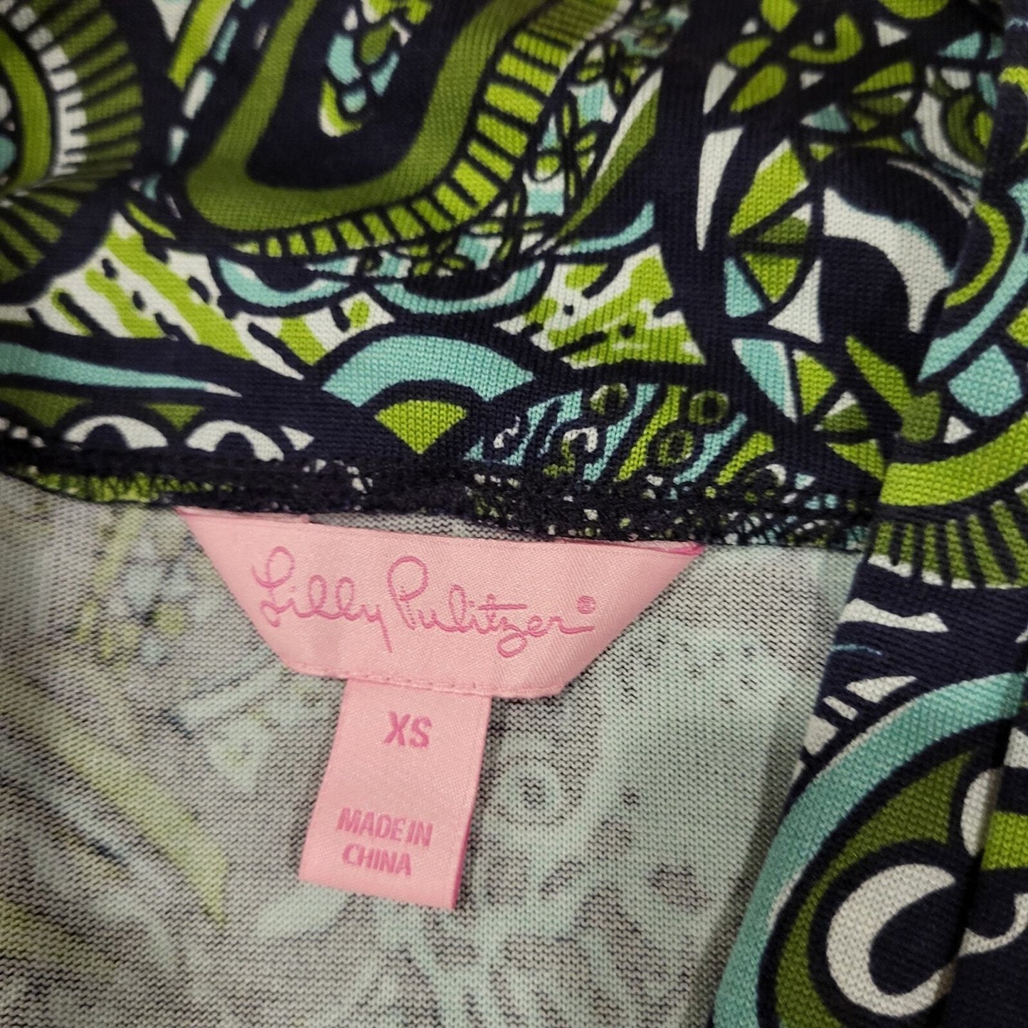 Lilly Pulitzer Blue Leopard Paisley Print V-Neck T-Shirt Jersey Button xs