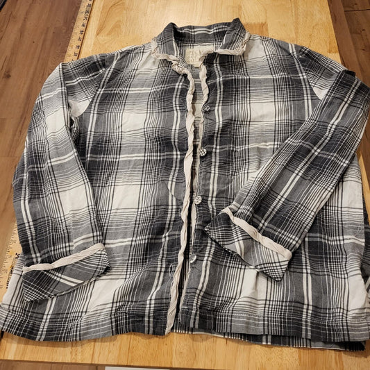 Victoria's Secret Pajama Top Black & White Plaid Cotton Button Collar LONG Slv. 