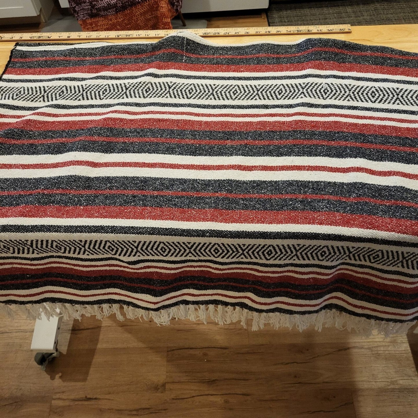 Handmade Red Black White Striped Mexican Blanket Poncho 2 Ways to Wear 