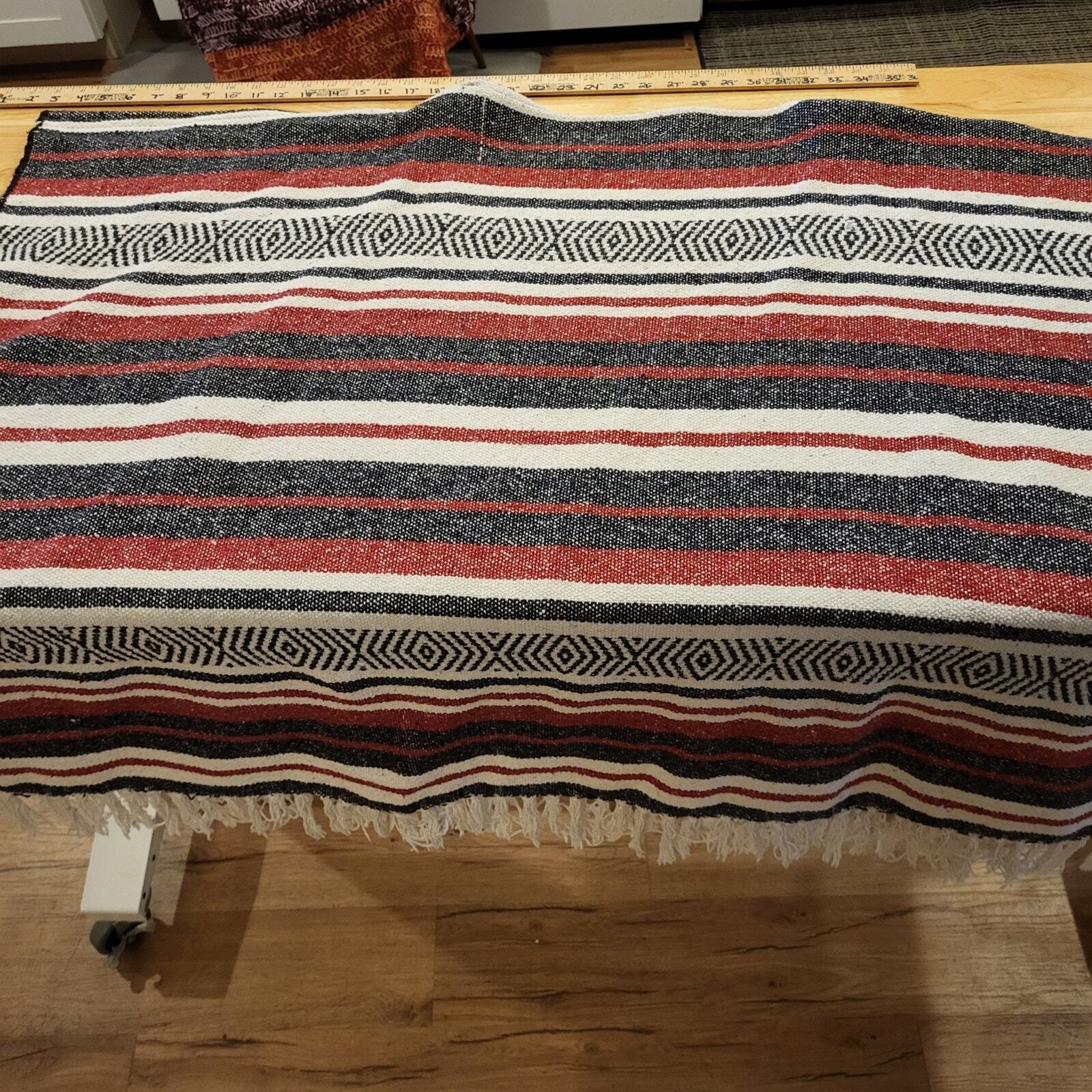 Handmade Red Black White Striped Mexican Blanket Poncho 2 Ways to Wear 