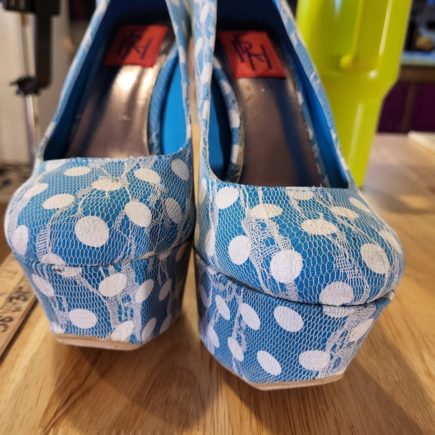 FRH Fahrenheit Blue with white  Polka Dot Lace super high platform size 6