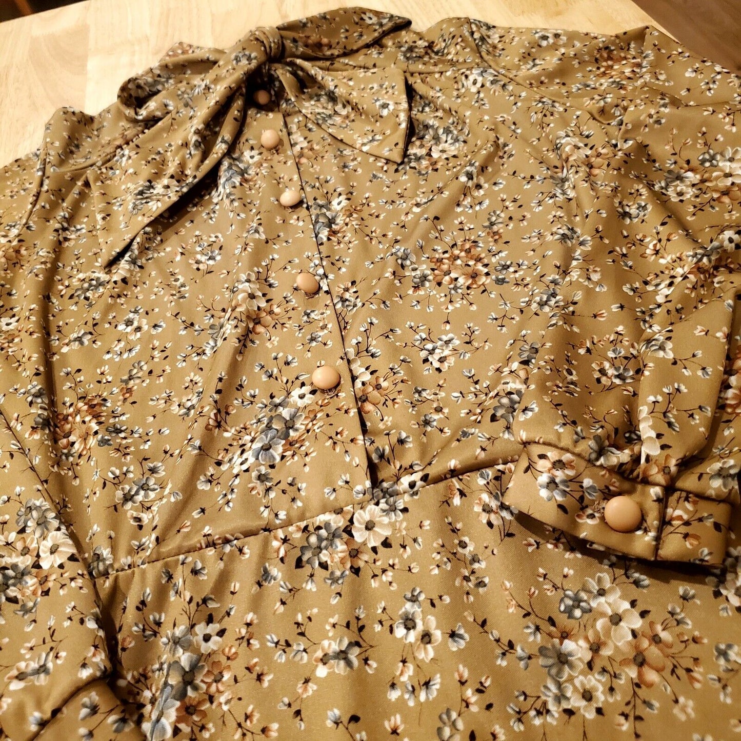 Vintage Polyester Khaki Prairie Shirt Dress Button Front Tie Collar 9/10
