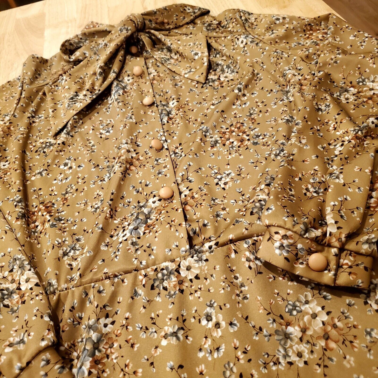 Vintage Polyester Khaki Prairie Shirt Dress Button Front Tie Collar 9/10