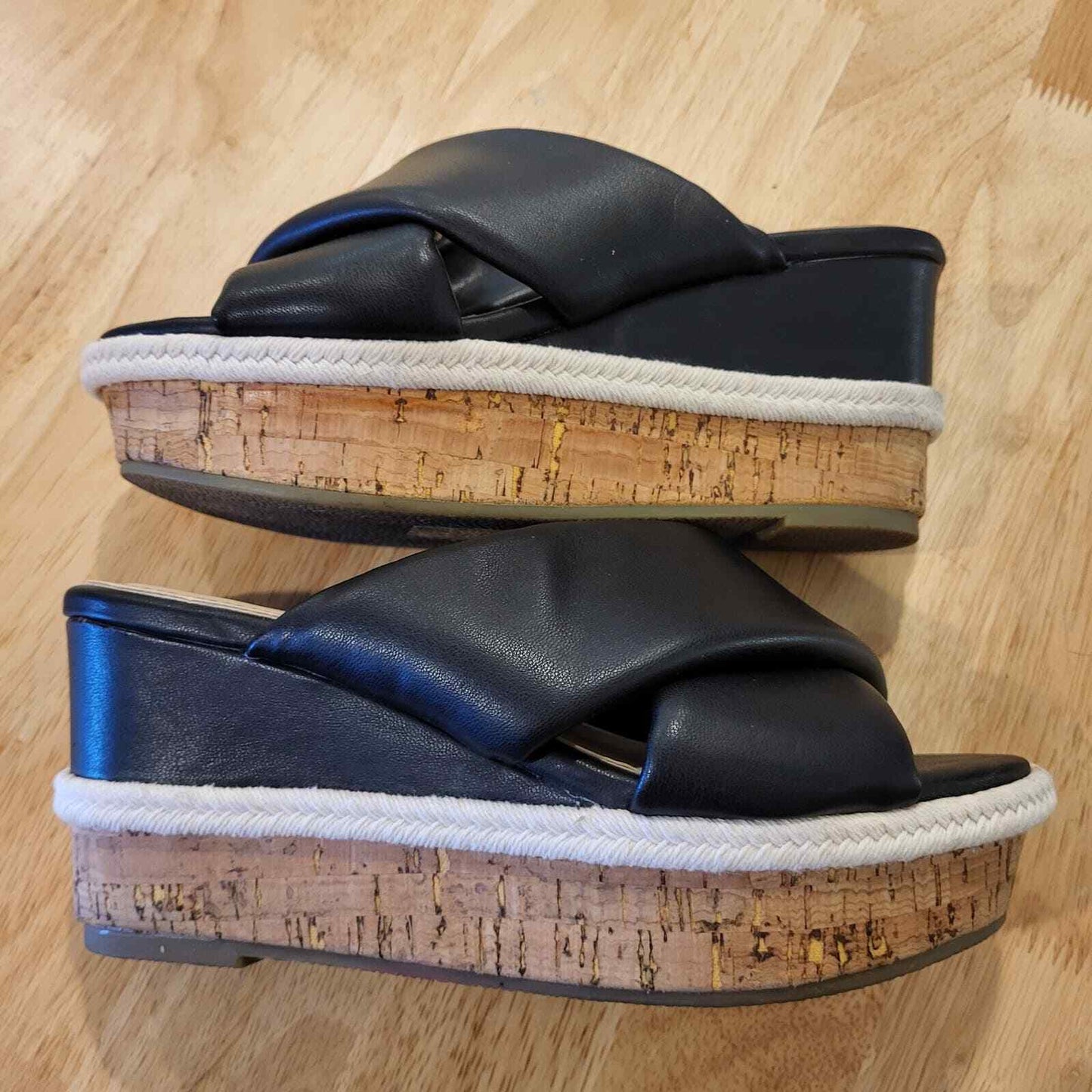 Black Crossover Faux Leather Cork Wedges White Detail 9" Size 6.5