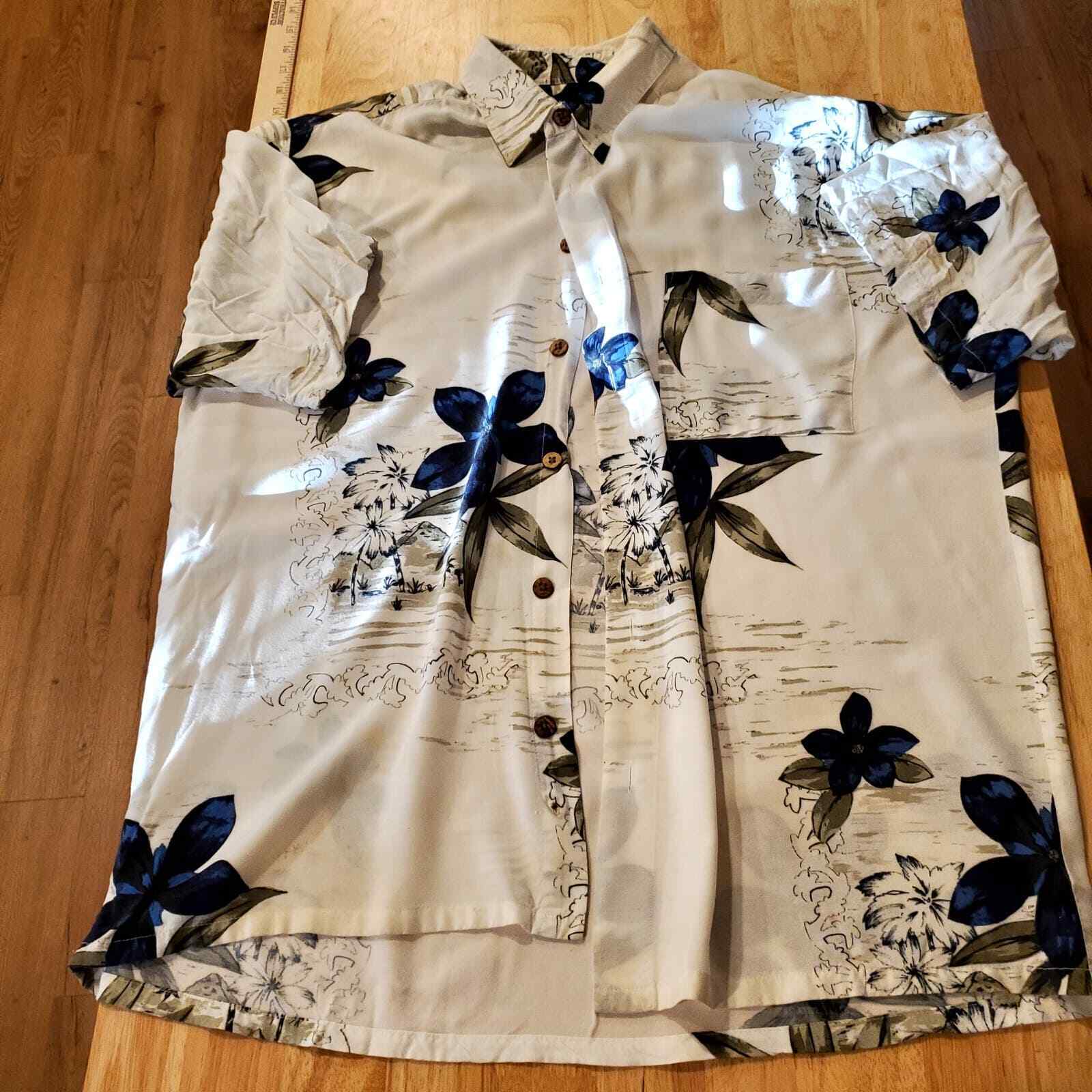 Puritan White Hawaiian Island Shirt Blue Floral Button Down Short Sleeve Collar