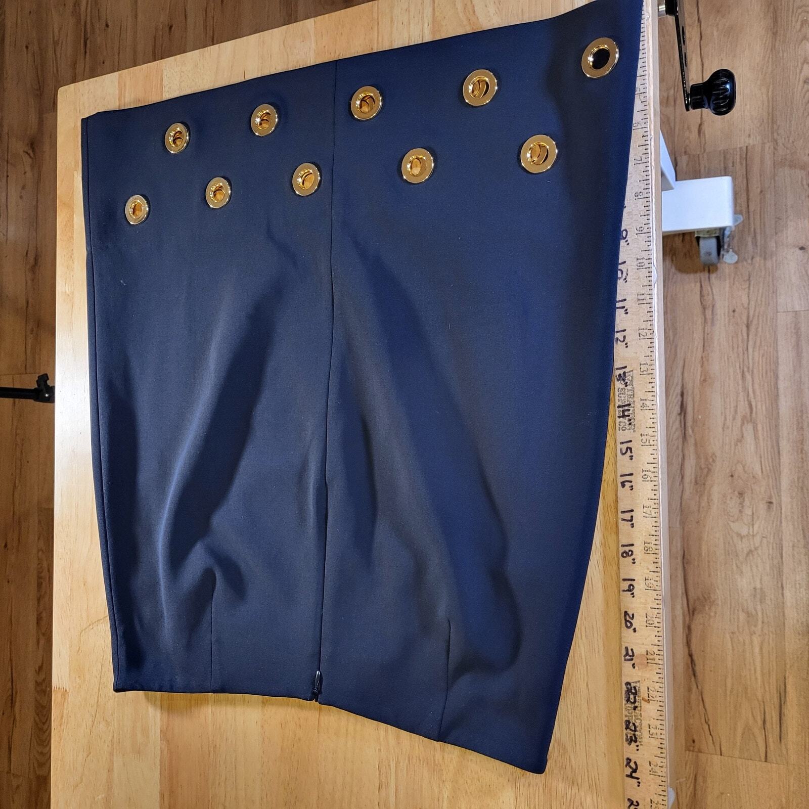 Doncaster Navy Blue Pencil Skirt Gold Circle Metal Detail 10 