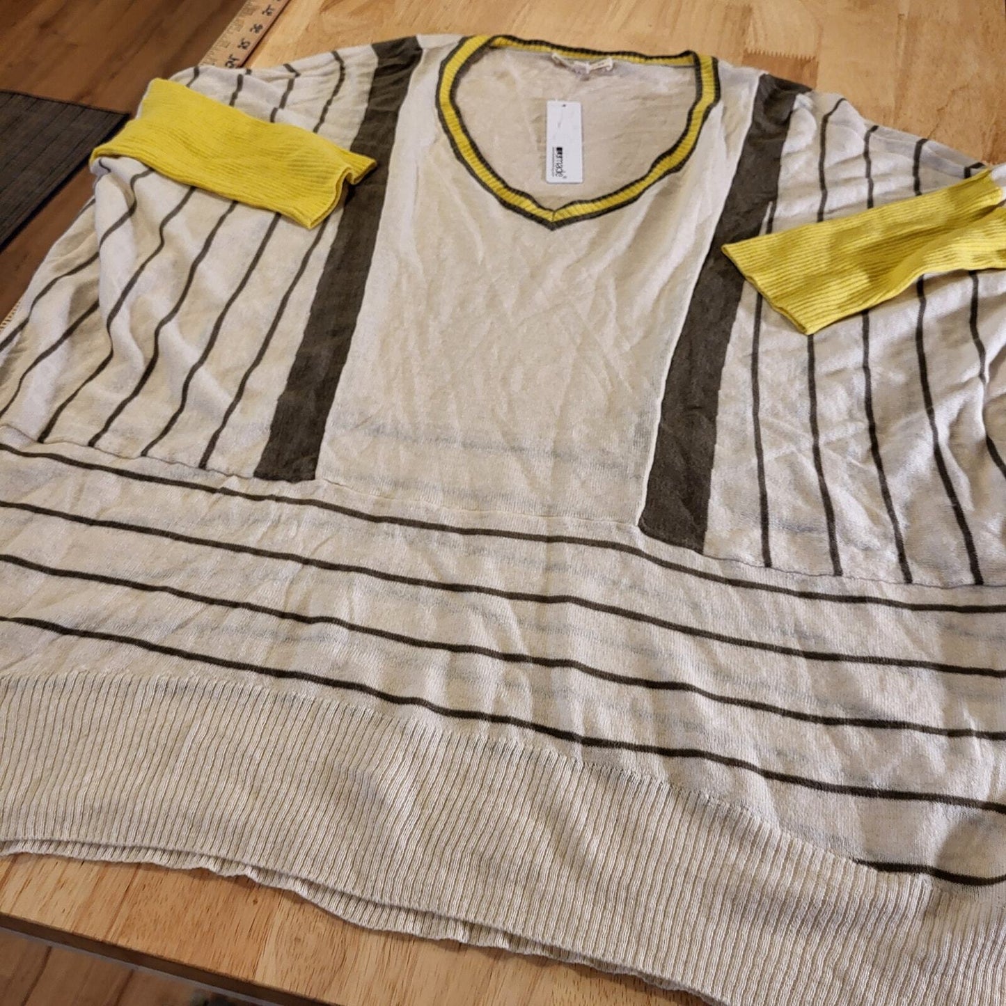 NWT La Made Yellow White Cotton Wool Cashmere Blend Stripe V-Neck Sweater