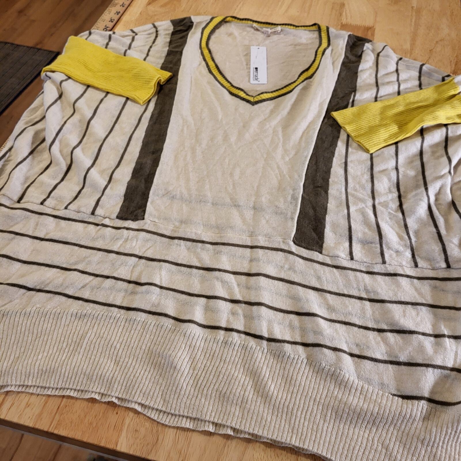 NWT La Made Yellow White Cotton Wool Cashmere Blend Stripe V-Neck Sweater
