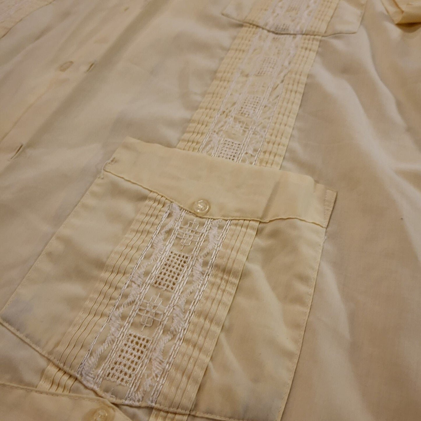 Yellow Guayabera Cuban Cotton Blend Button Down Collared Shirt 27" Pit2pit