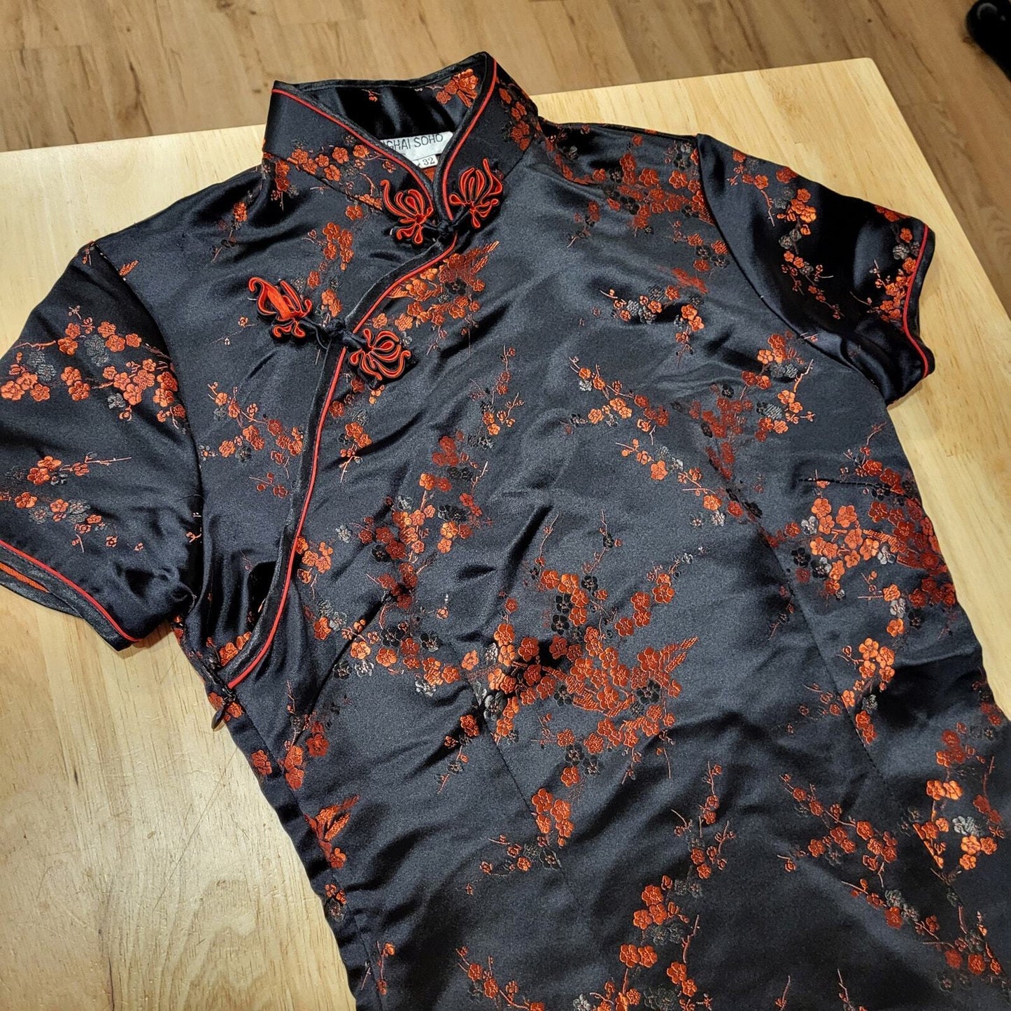 Black & Red Brocade Traditional Chinese Satin Floral Dress Mandarin Collar 15' p