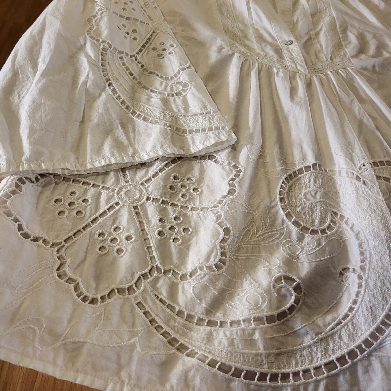 Soft Surroundings White Eyelet Cotton Blouse Pintuck Pleat 3/4" Sleeve XS 