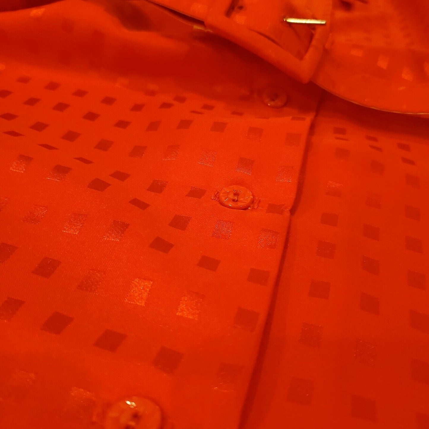 Vintage Red Polyester Shirt Dress Red Check Sateen Ruffle Collar & Cuff Belt
