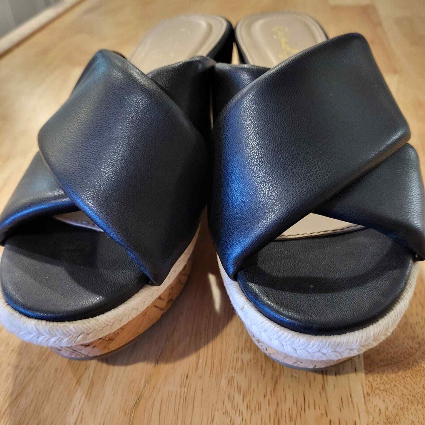 Black Crossover Faux Leather Cork Wedges White Detail 9" Size 6.5