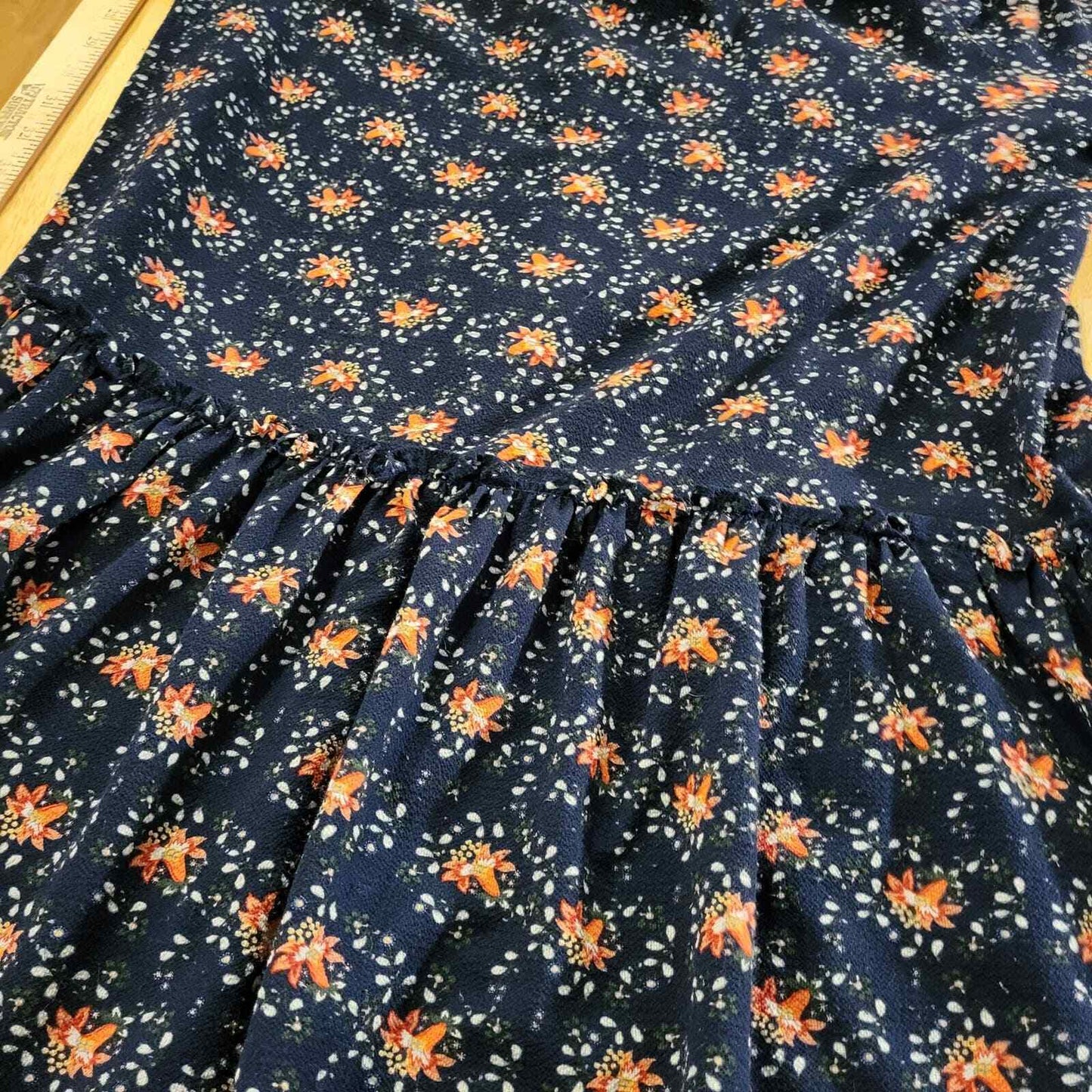 Max Studios Navy Blue Floral Ruffle 3/4 Sleeve Med Knee Length Dress
