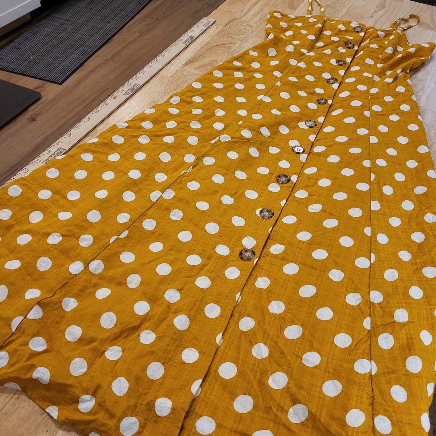 Rebellion Mustard Yellow Polka Dot Strappy Dress Small Button 16" p2p 14" Waist