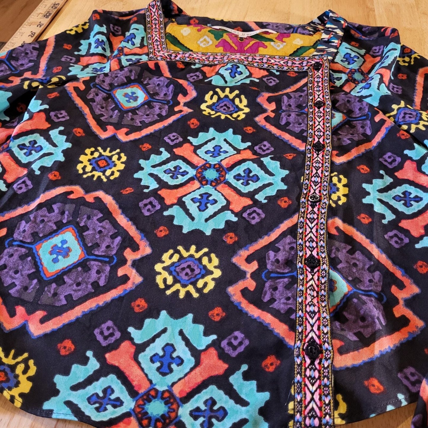 Colorful African Print Unique Front Button Yellow Blue Purple xs 16" P2P