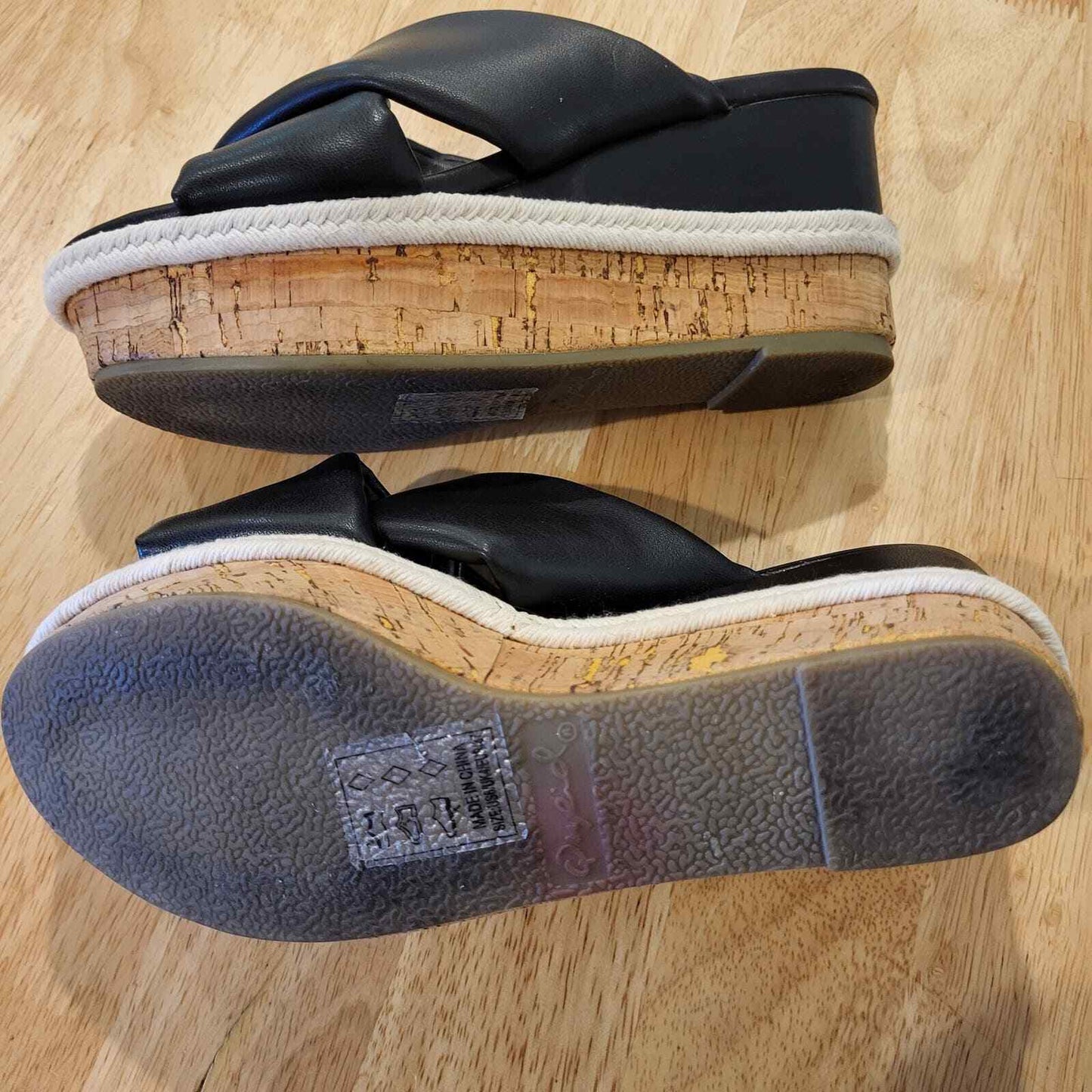 Black Crossover Faux Leather Cork Wedges White Detail 9" Size 6.5